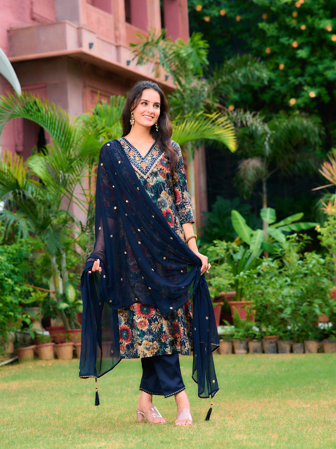 Embroidered & Floral printed Kurta with Pant & Embroidered Dupatta