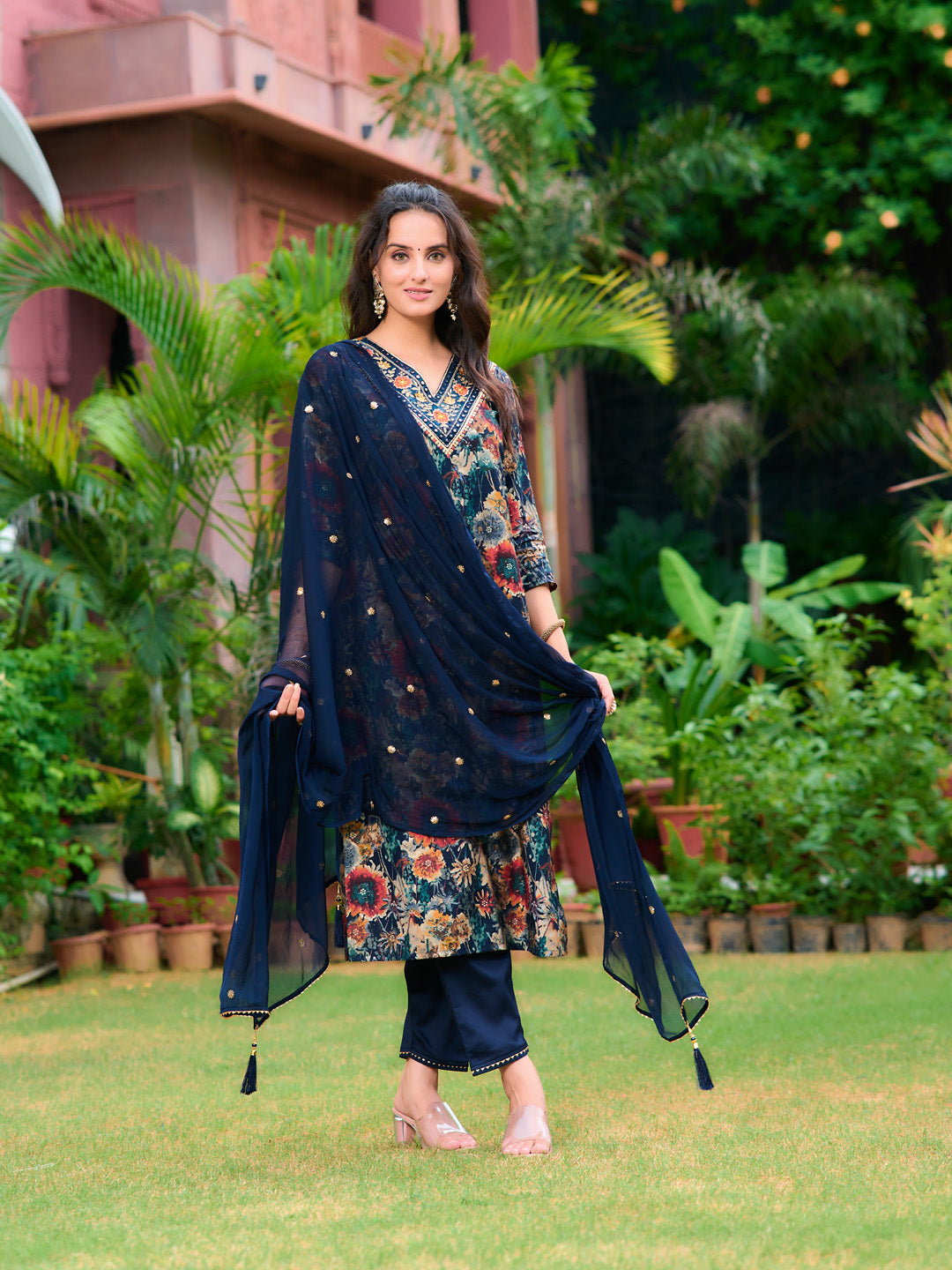 Embroidered & Floral printed Kurta with Pant & Embroidered Dupatta