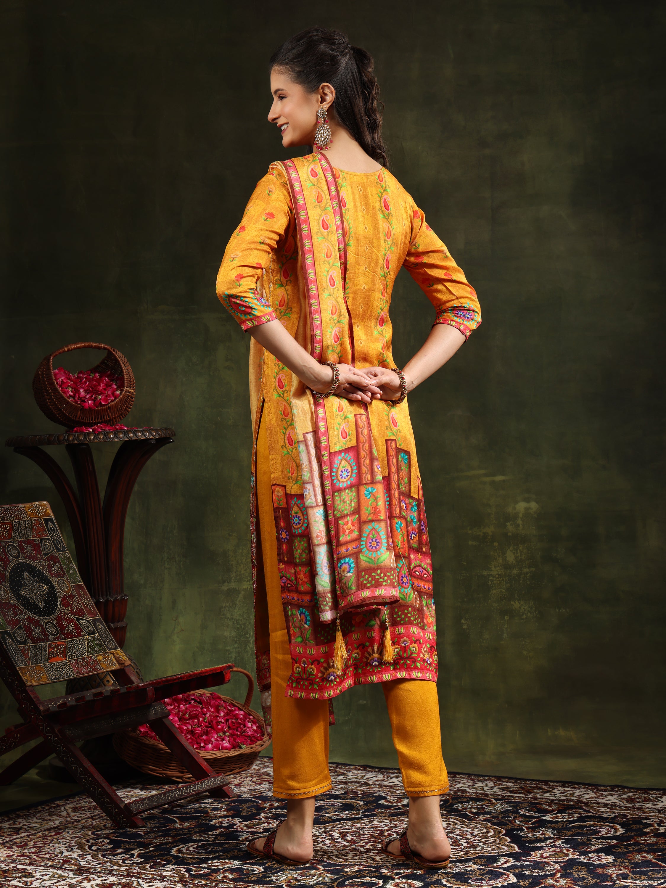 Hand Embroidered & Printed Pure Silk Kurta with pant & Printed Dupatta