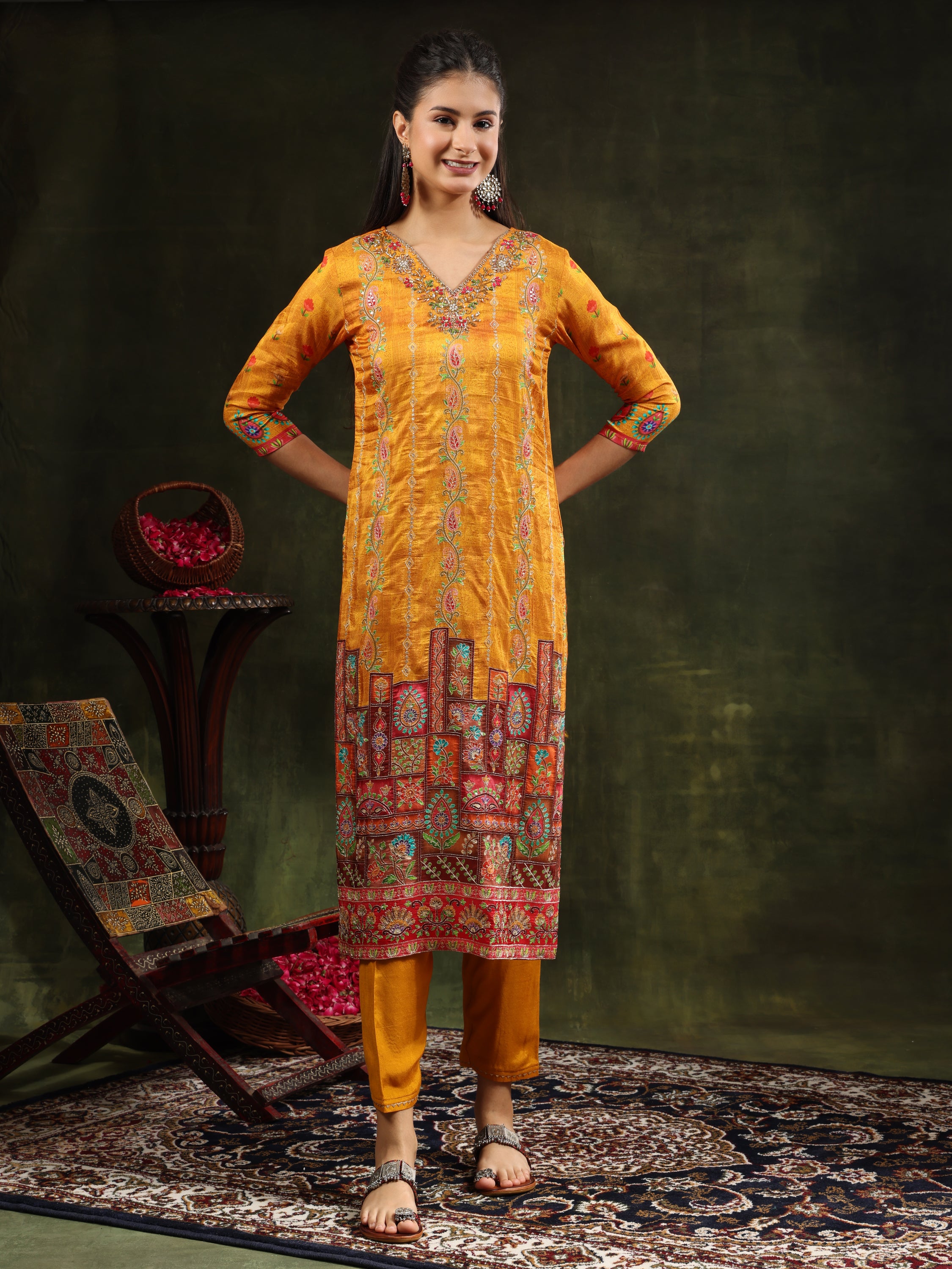 Hand Embroidered & Printed Pure Silk Kurta with pant & Printed Dupatta