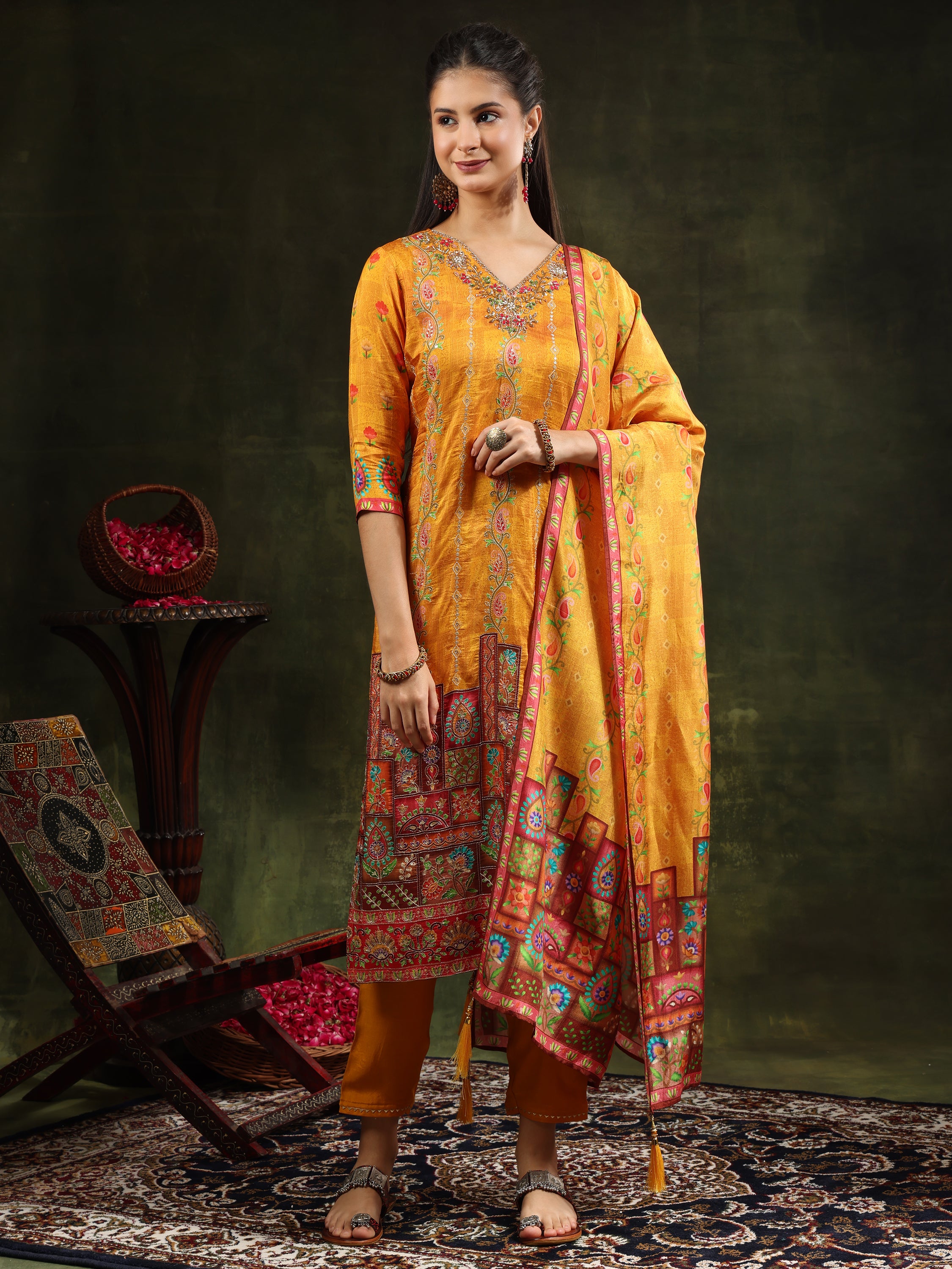 Hand Embroidered & Printed Pure Silk Kurta with pant & Printed Dupatta