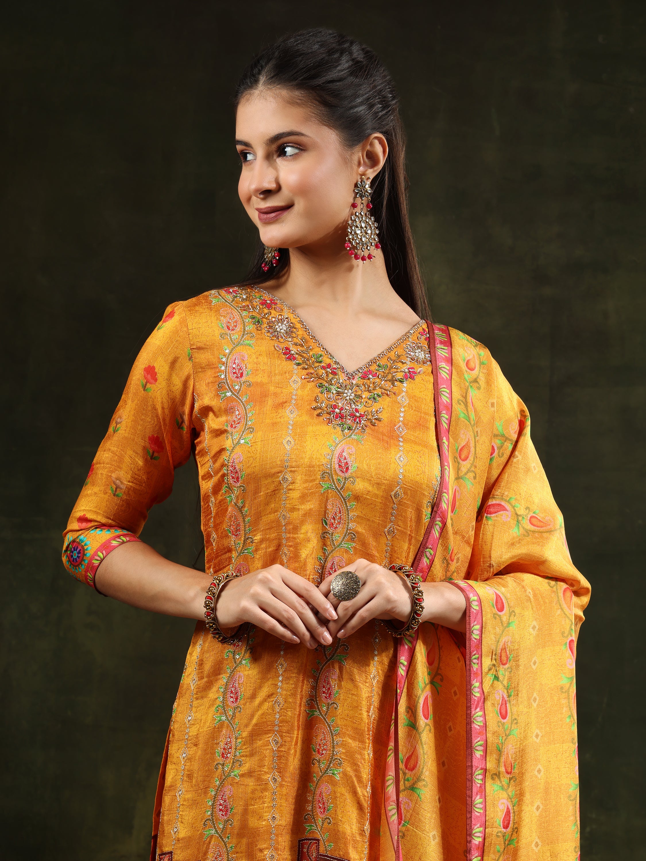 Hand Embroidered & Printed Pure Silk Kurta with pant & Printed Dupatta