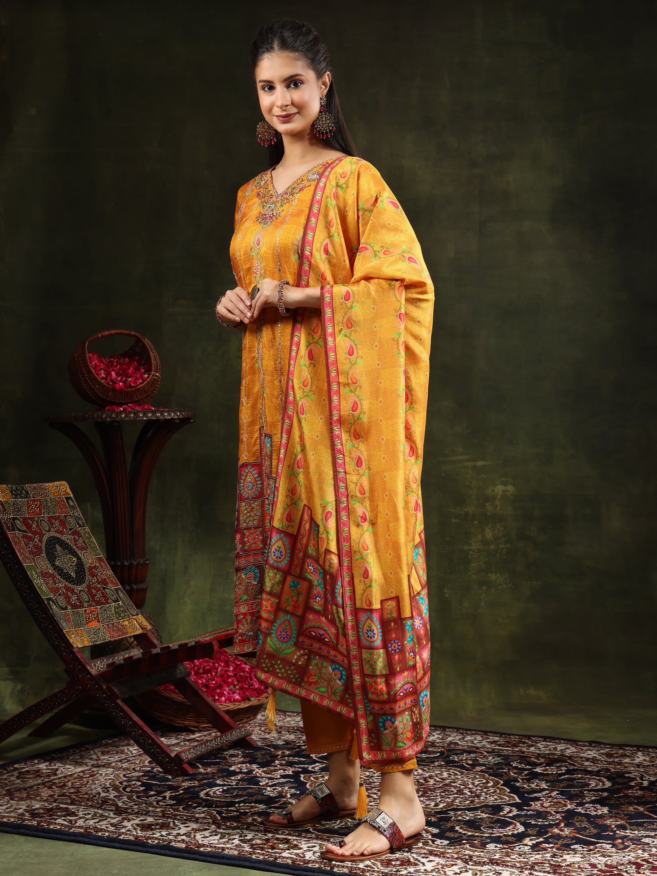 Hand Embroidered & Printed Pure Silk Kurta with pant & Printed Dupatta