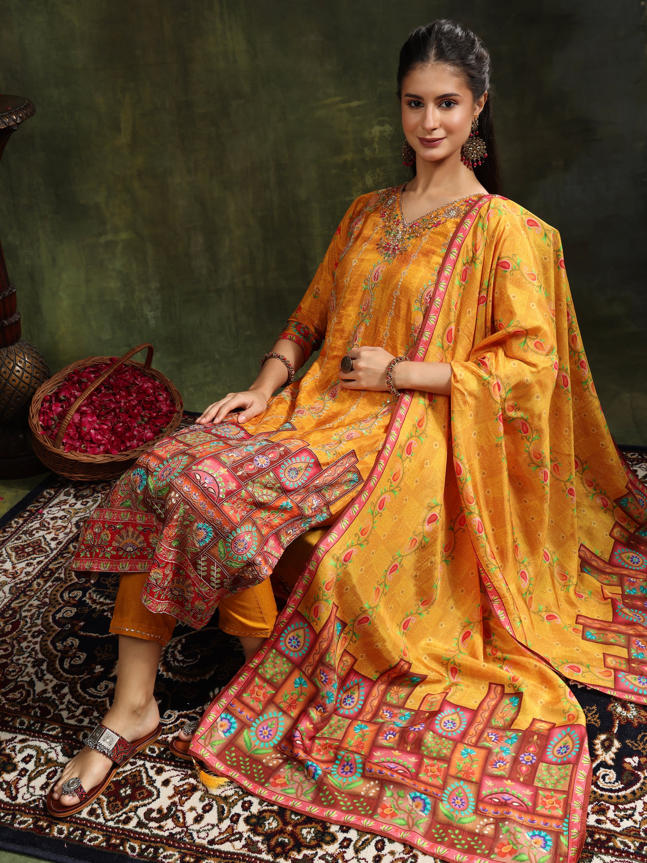 Hand Embroidered & Printed Pure Silk Kurta with pant & Printed Dupatta