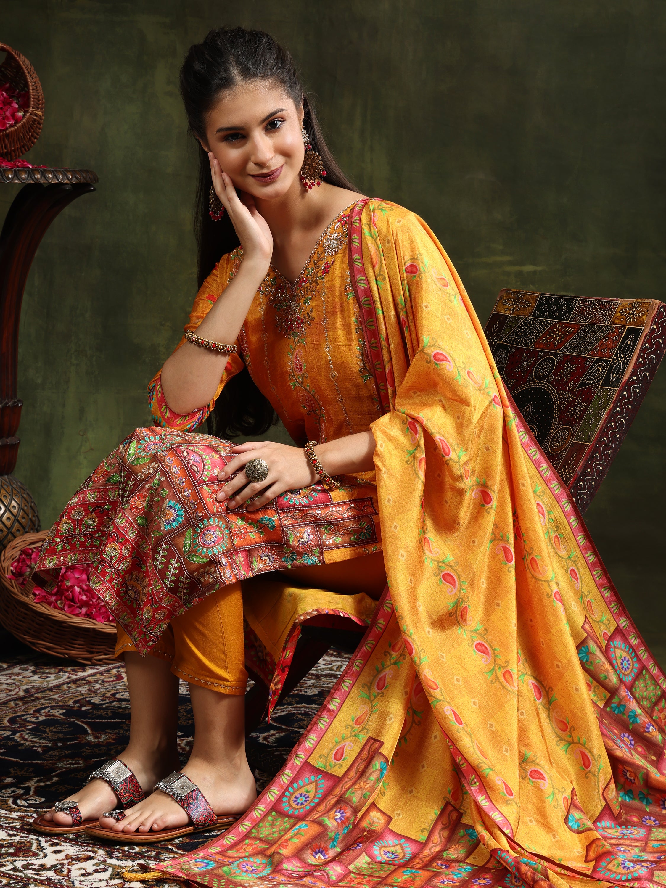 Hand Embroidered & Printed Pure Silk Kurta with pant & Printed Dupatta