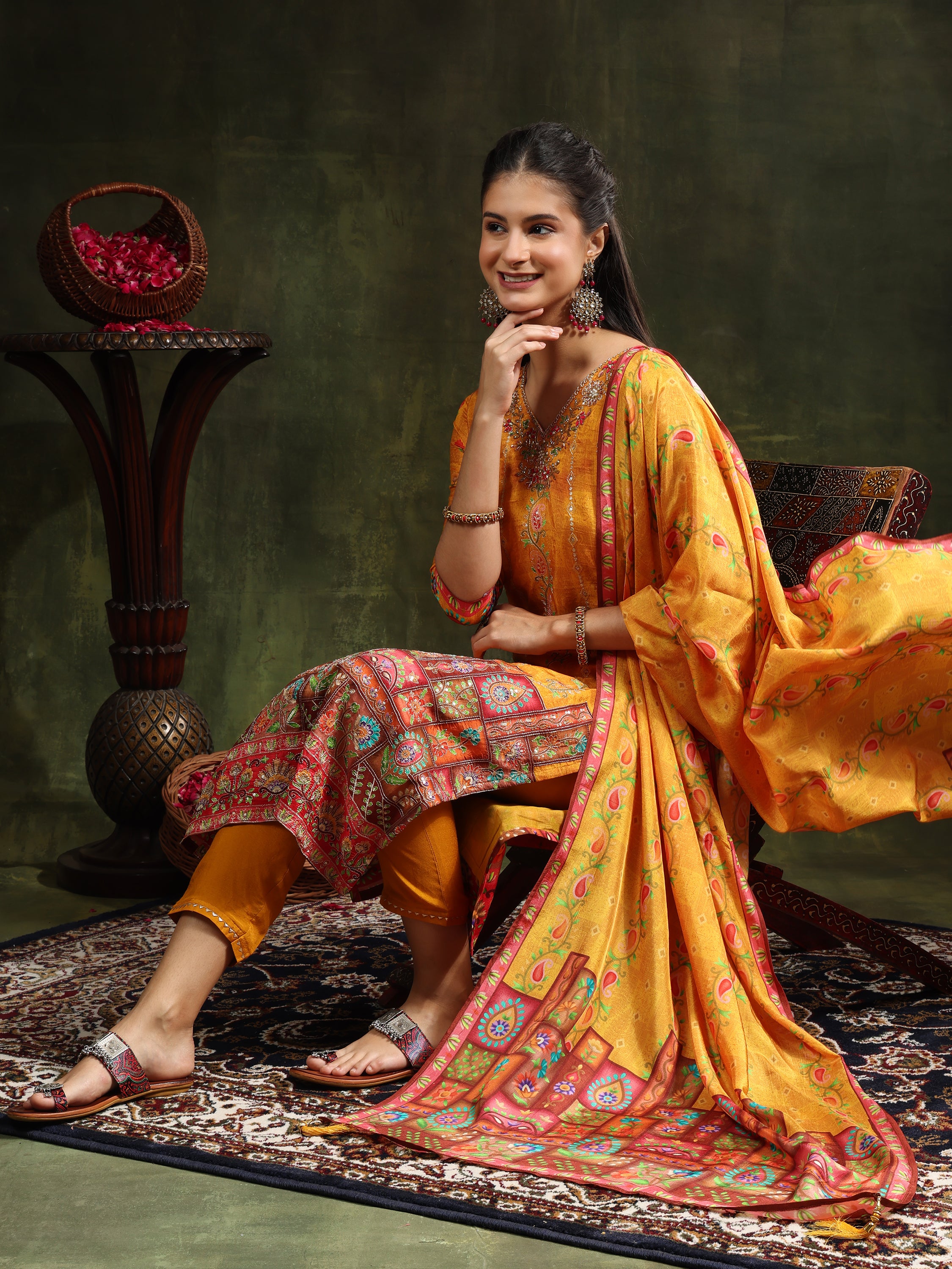 Hand Embroidered & Printed Pure Silk Kurta with pant & Printed Dupatta