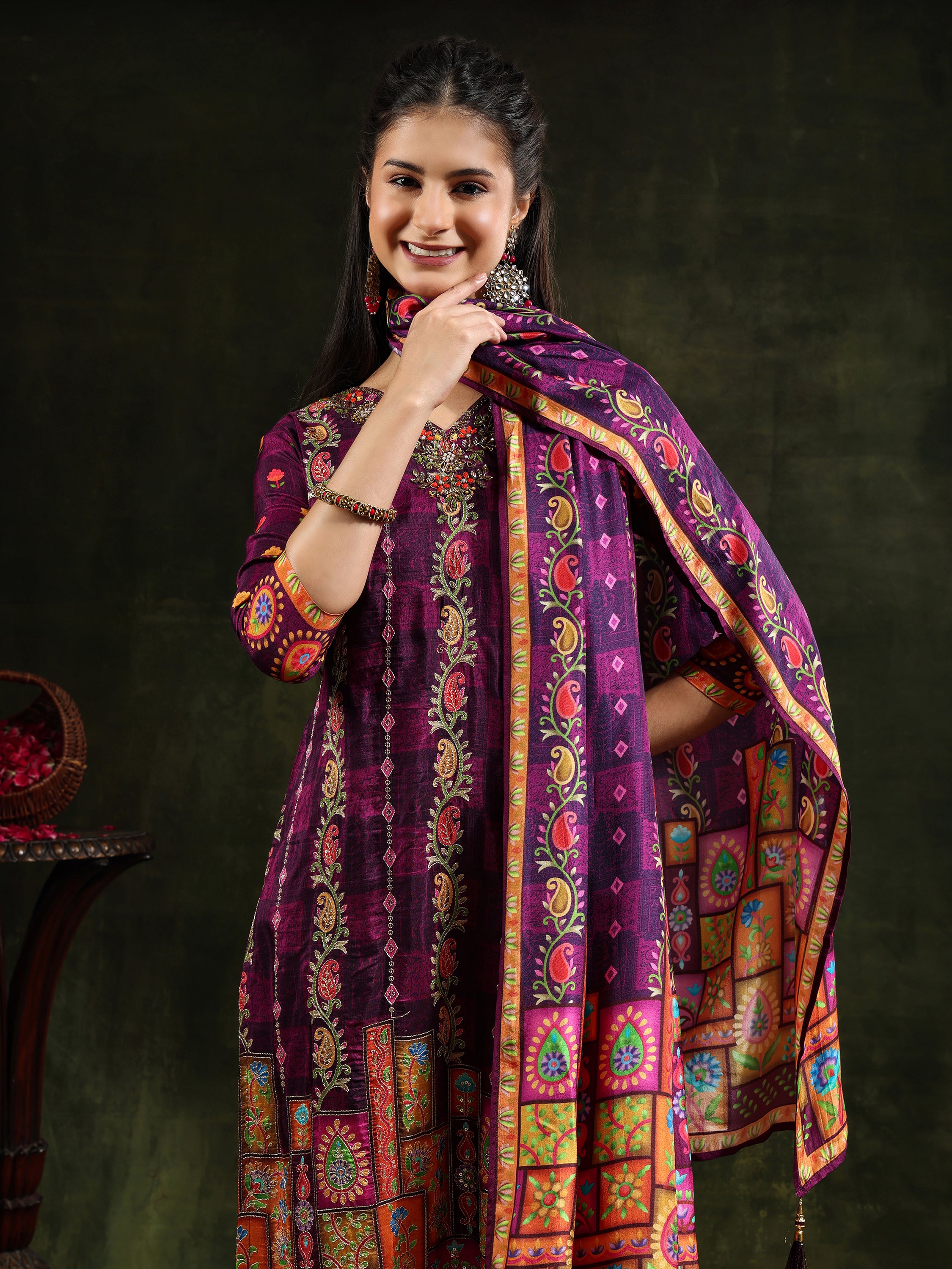 Hand Embroidered & Printed Pure Silk Kurta with pant & Printed Dupatta