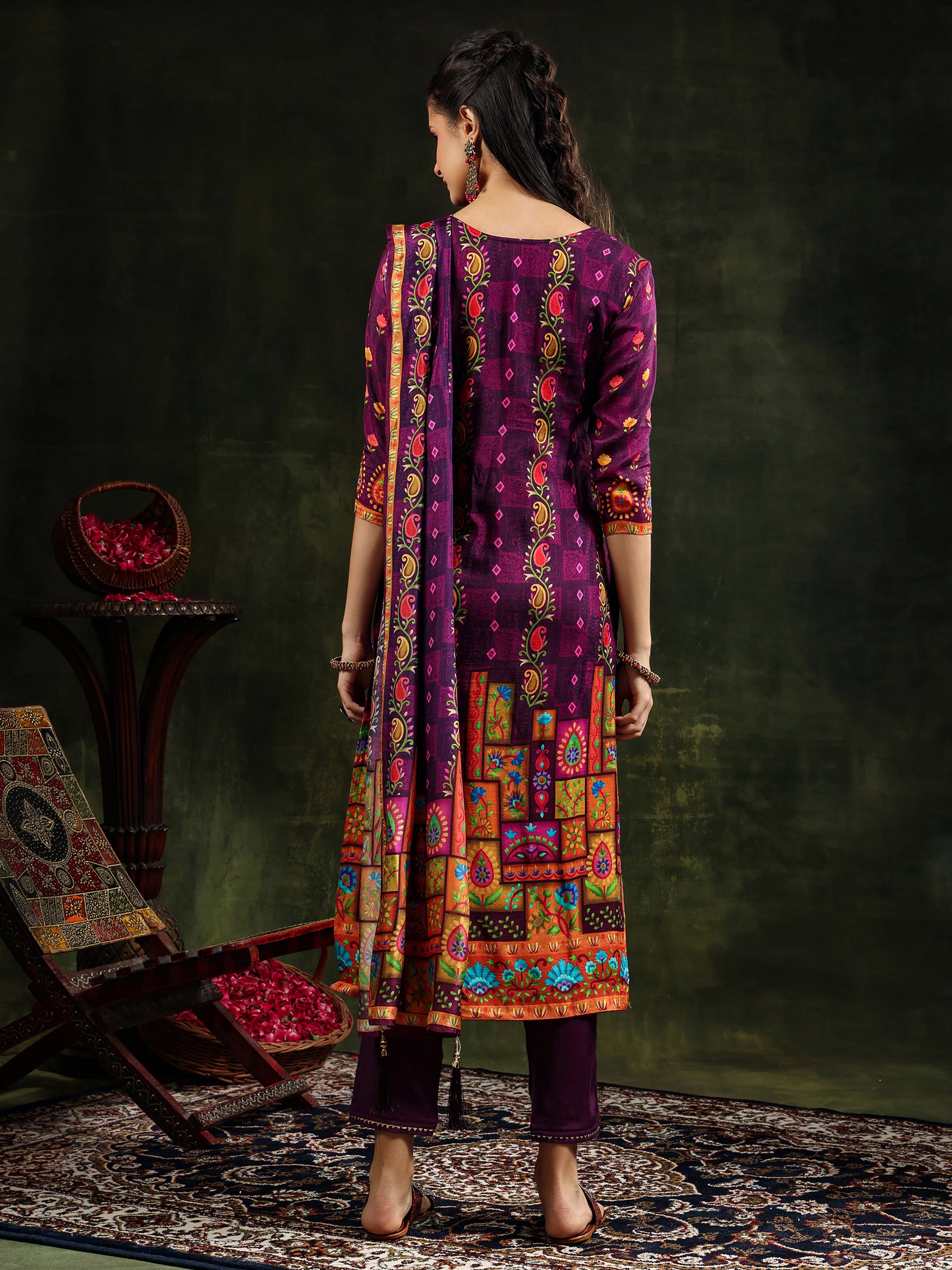 Hand Embroidered & Printed Pure Silk Kurta with pant & Printed Dupatta