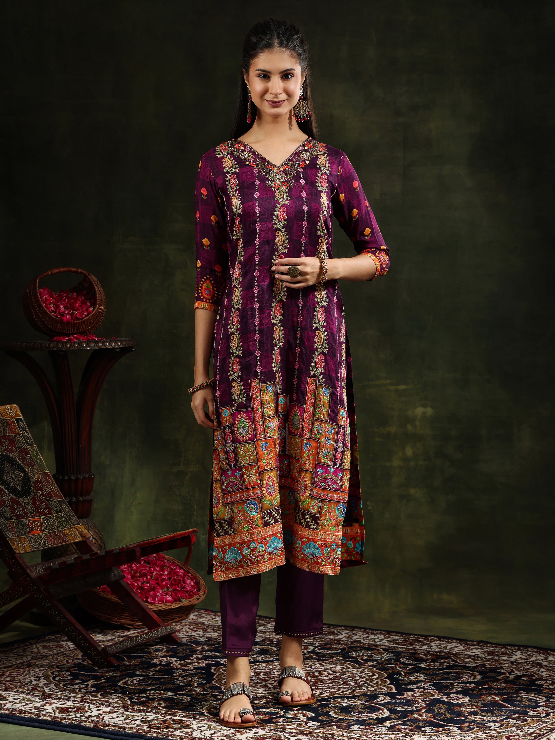 Hand Embroidered & Printed Pure Silk Kurta with pant & Printed Dupatta