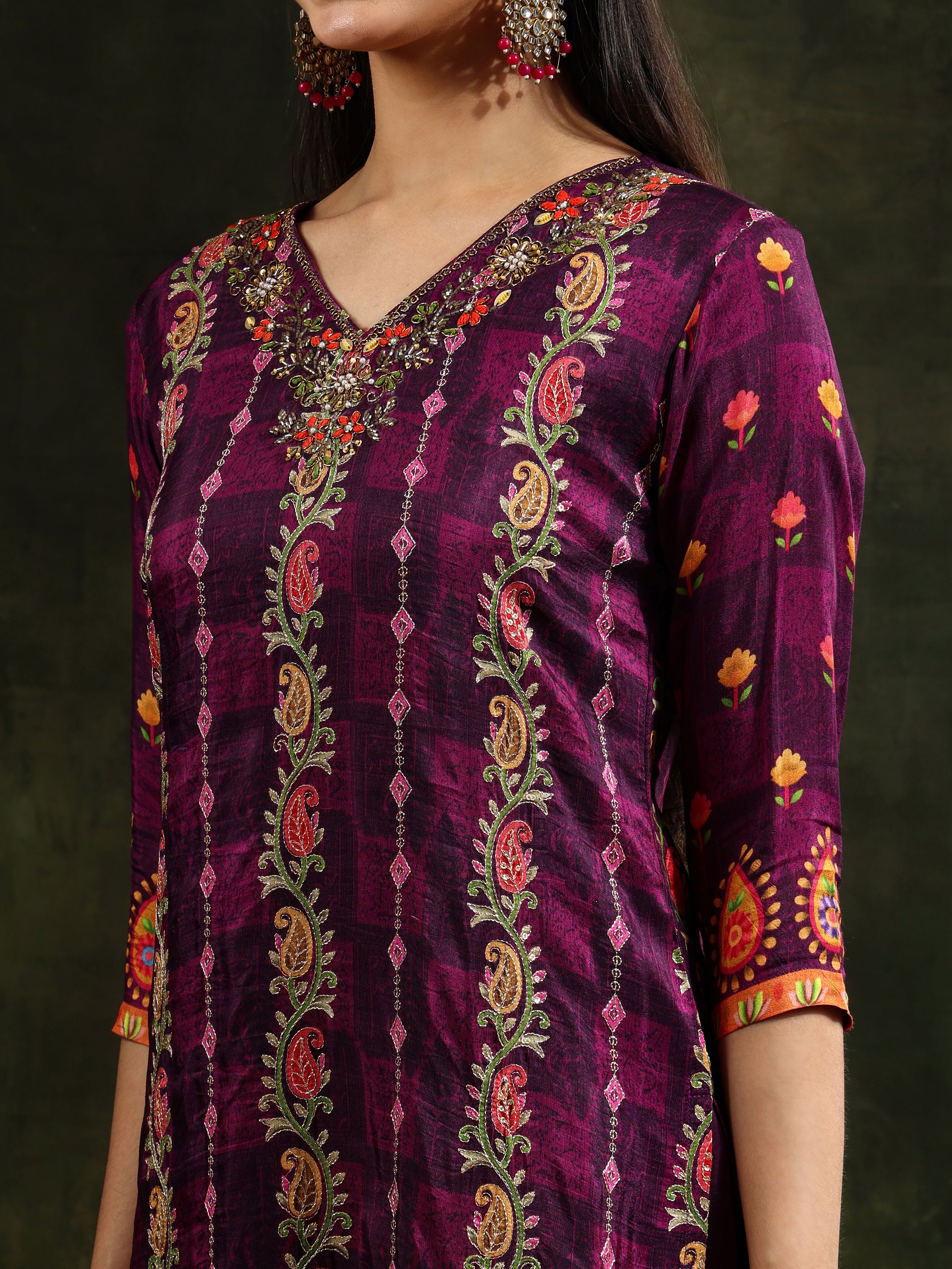 Hand Embroidered & Printed Pure Silk Kurta with pant & Printed Dupatta