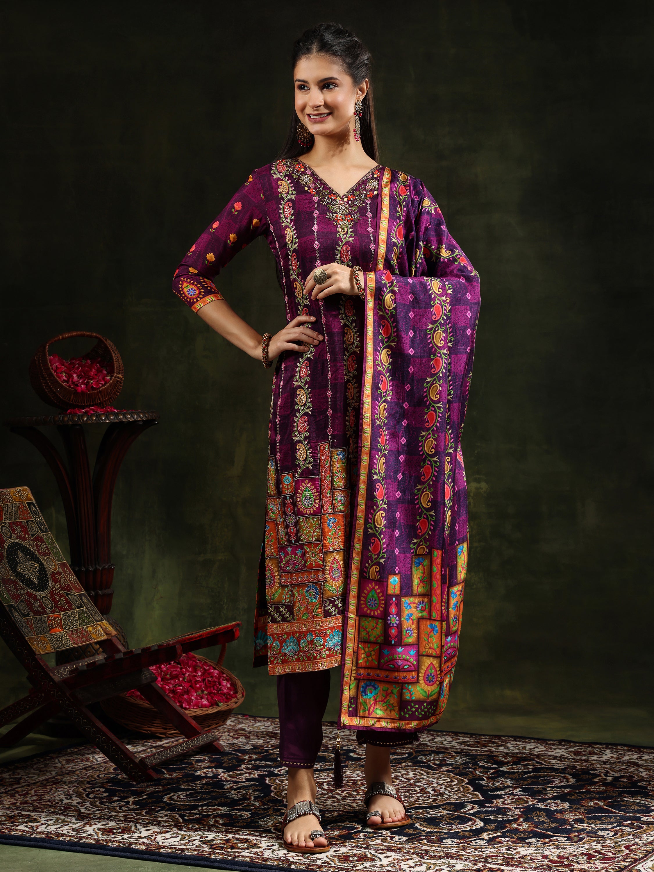 Hand Embroidered & Printed Pure Silk Kurta with pant & Printed Dupatta