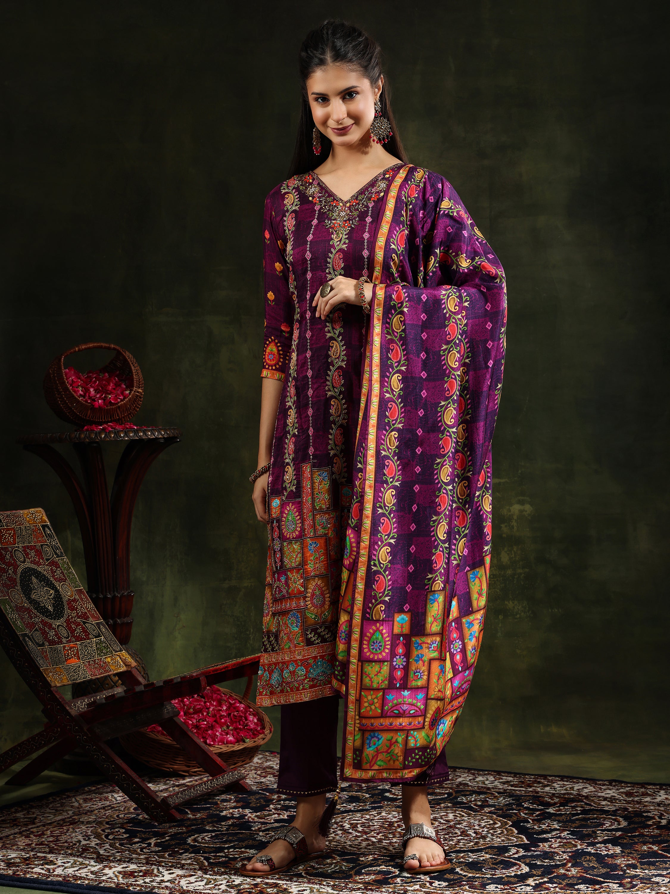 Hand Embroidered & Printed Pure Silk Kurta with pant & Printed Dupatta