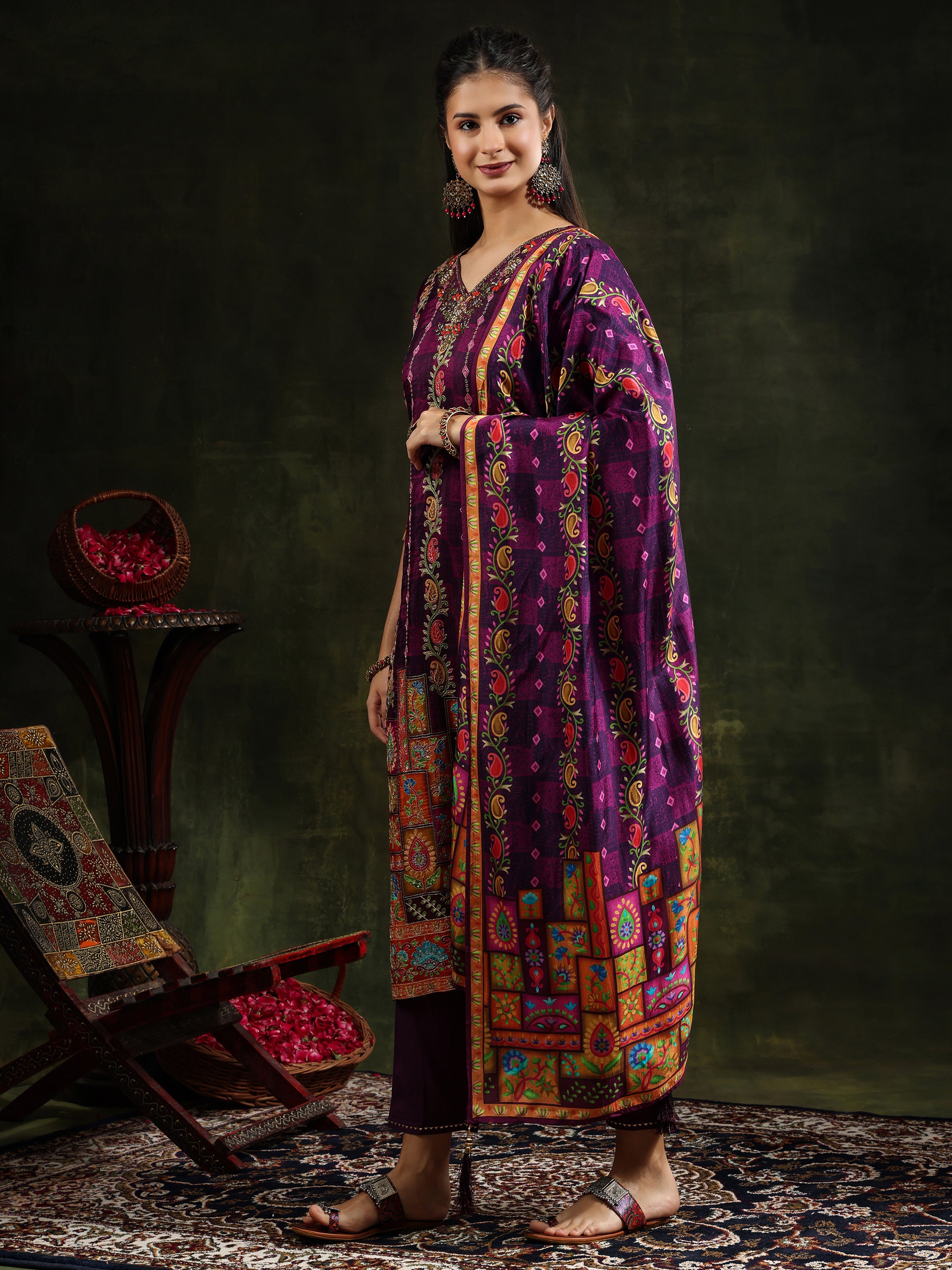 Hand Embroidered & Printed Pure Silk Kurta with pant & Printed Dupatta