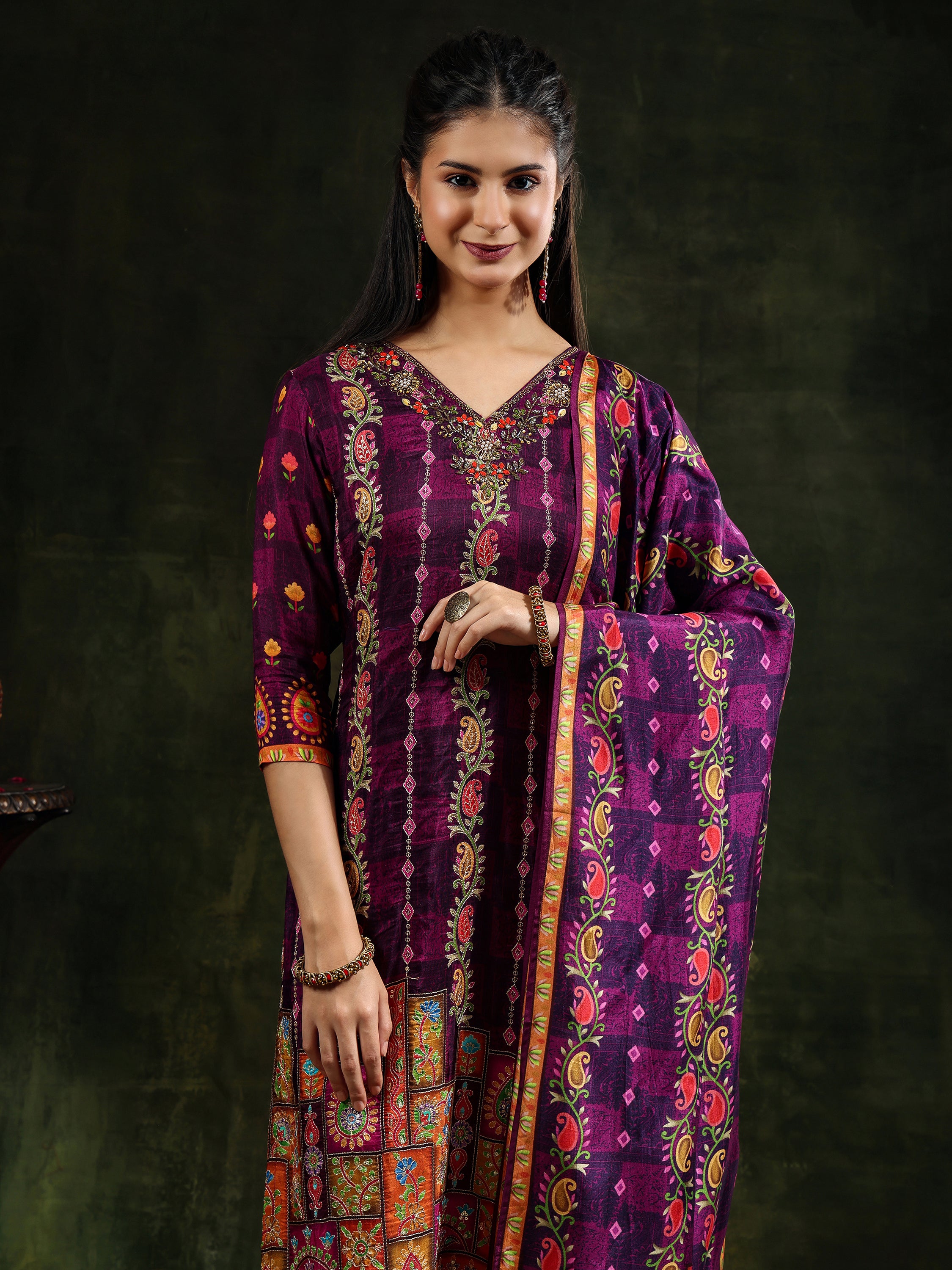 Hand Embroidered & Printed Pure Silk Kurta with pant & Printed Dupatta