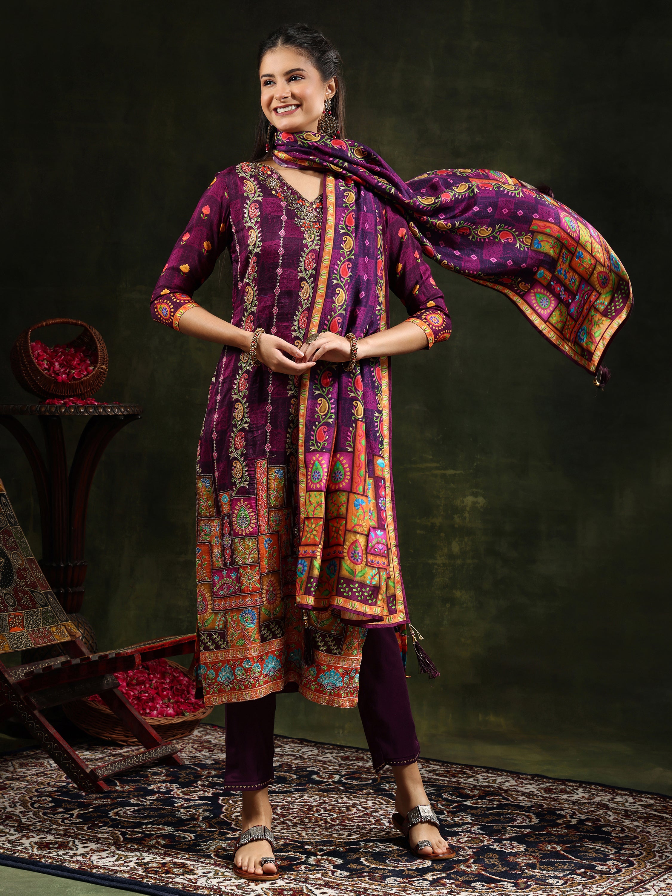 Hand Embroidered & Printed Pure Silk Kurta with pant & Printed Dupatta