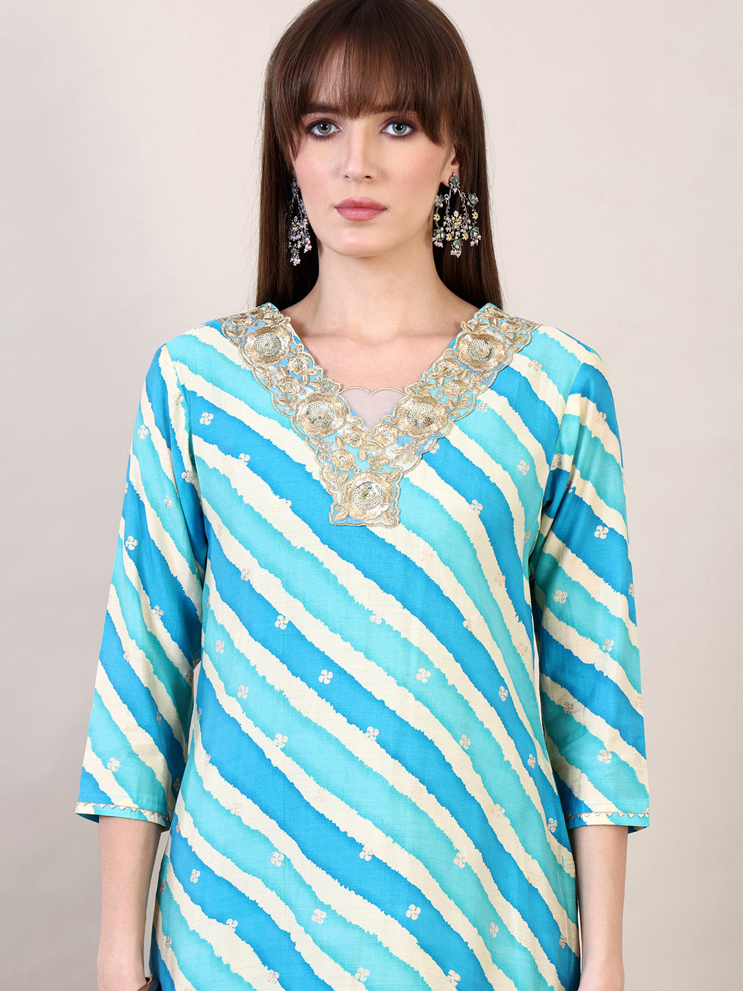 Leheriya Printed & Applique Embroidered Kurta with Pant & Dupatta