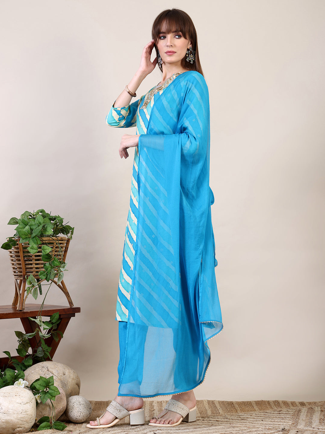 Leheriya Printed & Applique Embroidered Kurta with Pant & Dupatta