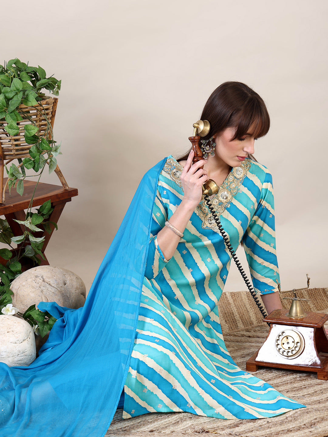 Leheriya Printed & Applique Embroidered Kurta with Pant & Dupatta