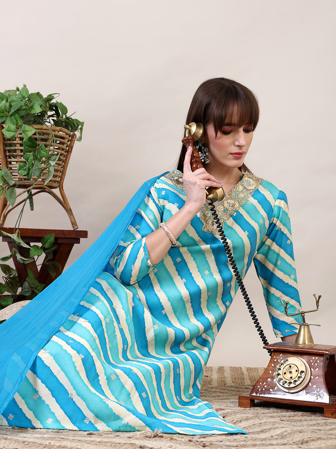 Leheriya Printed & Applique Embroidered Kurta with Pant & Dupatta