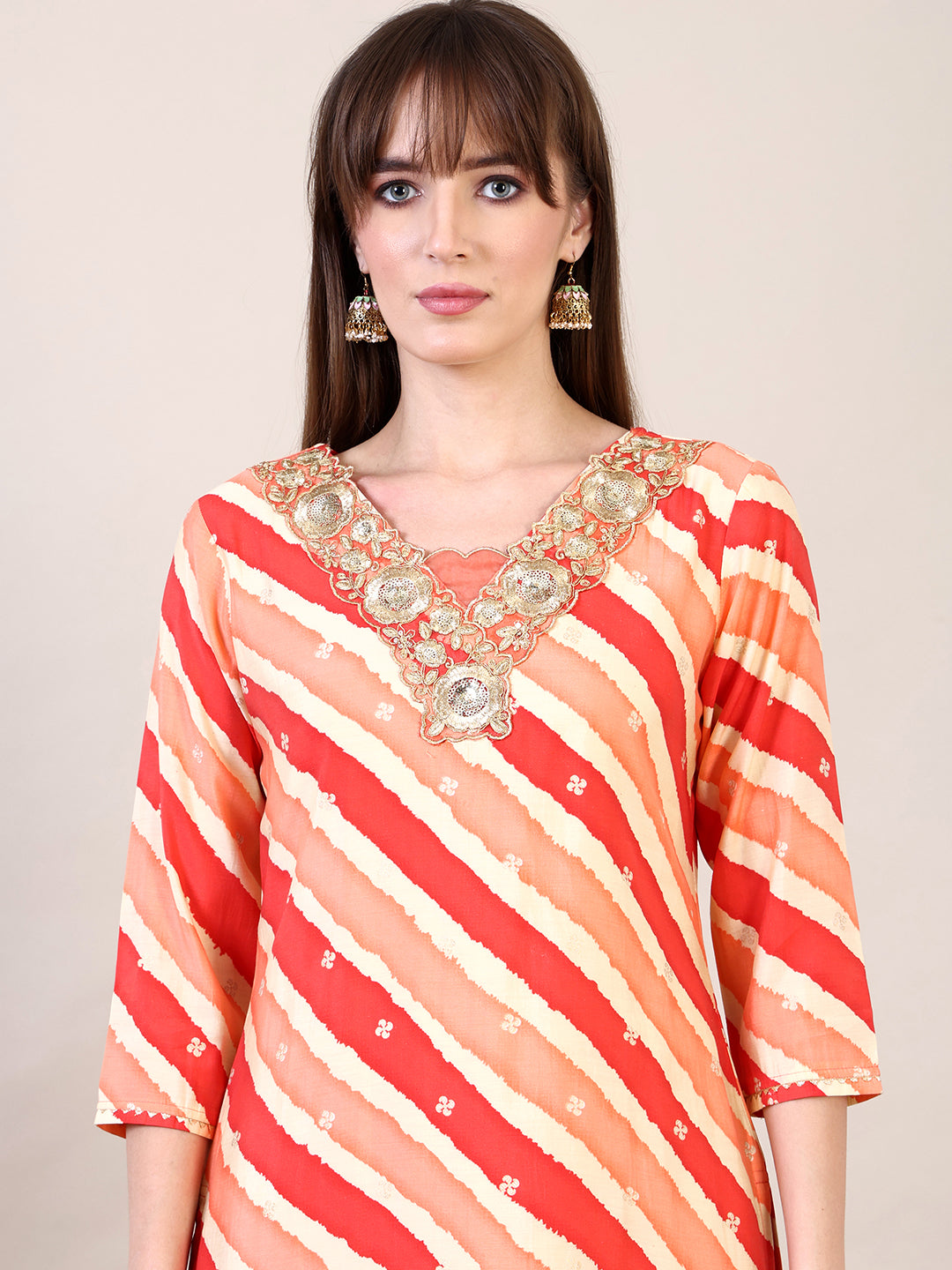 Leheriya Printed & Applique Embroidered Kurta with Pant & Dupatta