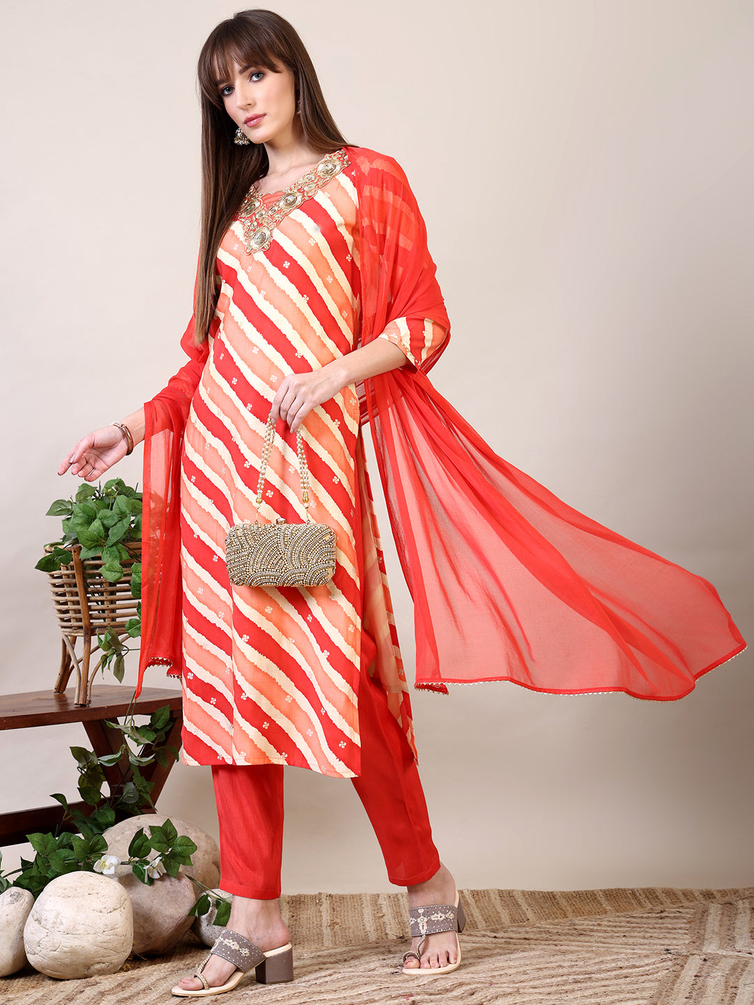 Leheriya Printed & Applique Embroidered Kurta with Pant & Dupatta