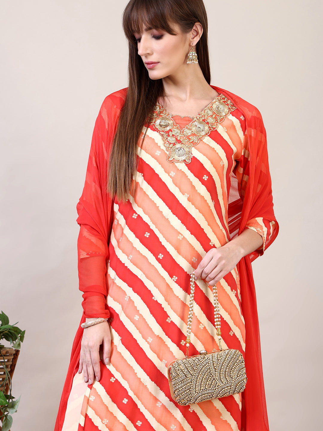 Leheriya Printed & Applique Embroidered Kurta with Pant & Dupatta