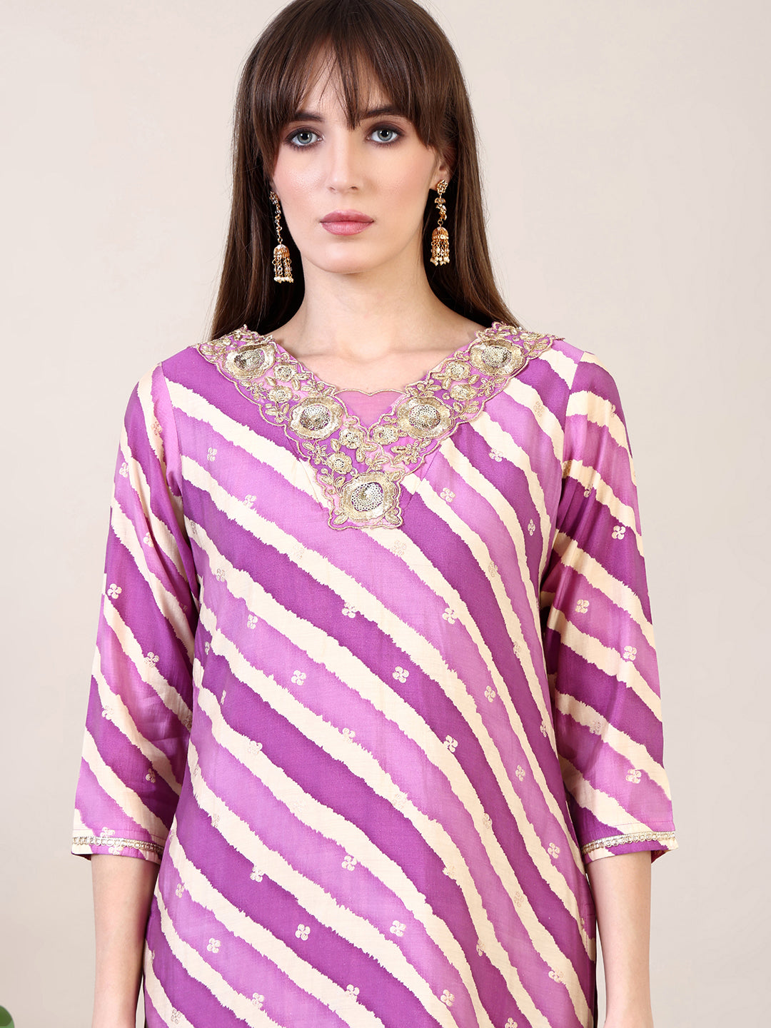 Leheriya Printed & Applique Embroidered Kurta with Pant & Dupatta