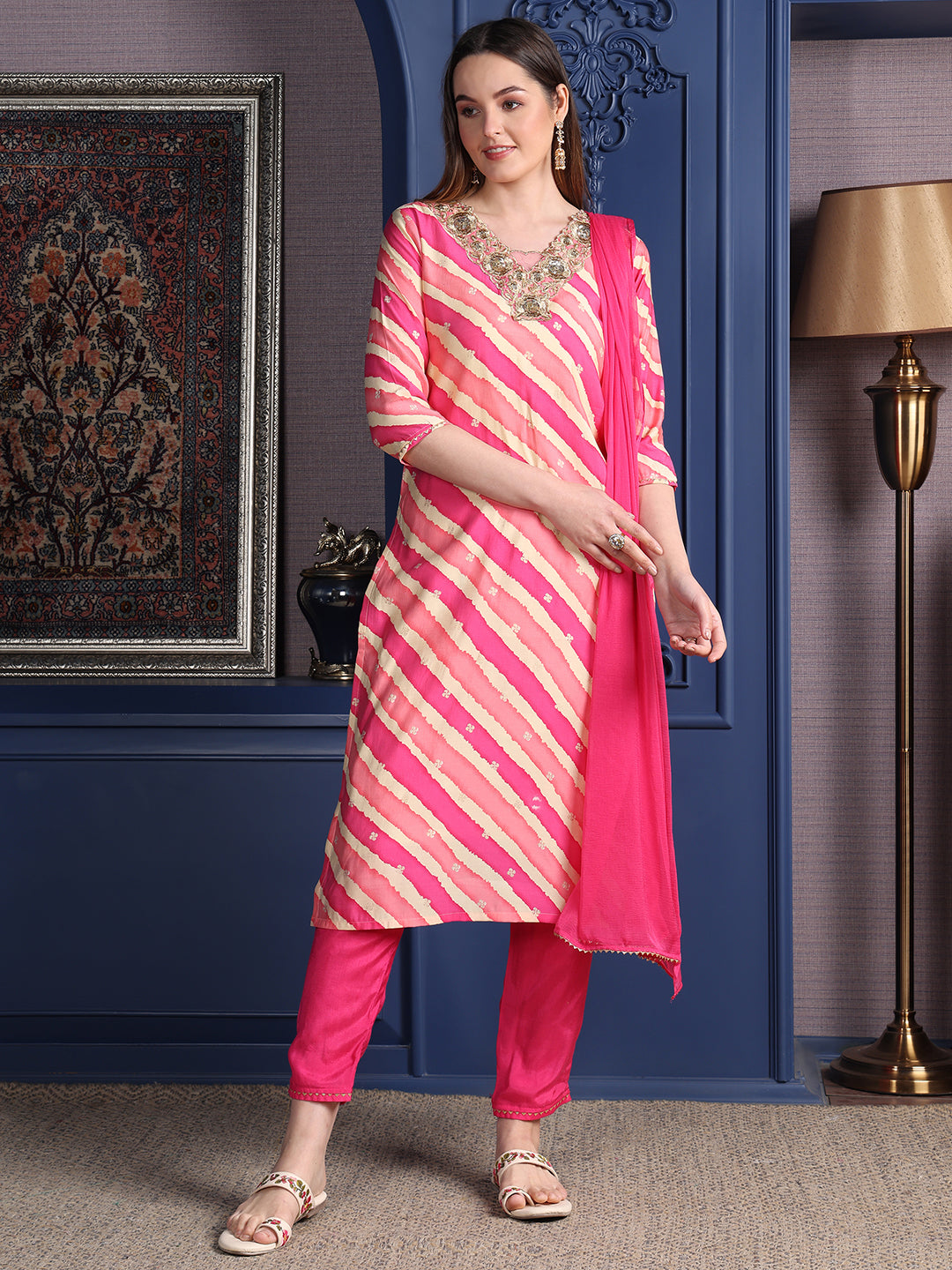 Leheriya Printed & Applique Embroidered Kurta with Pant & Dupatta