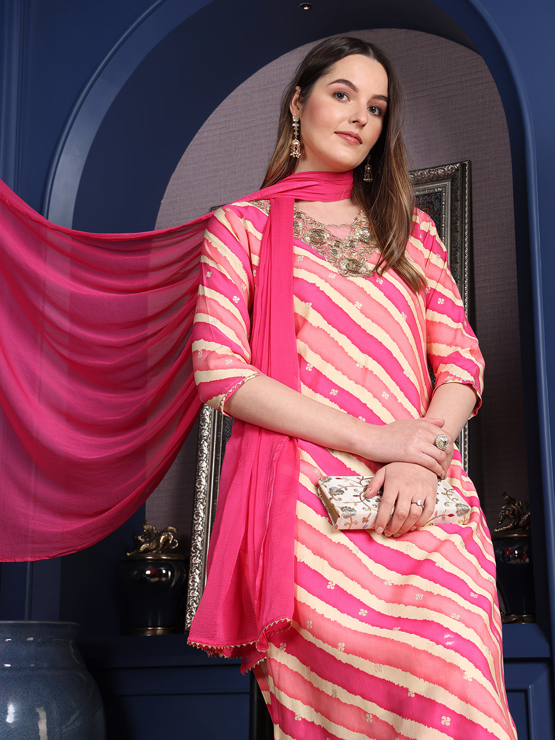 Leheriya Printed & Applique Embroidered Kurta with Pant & Dupatta