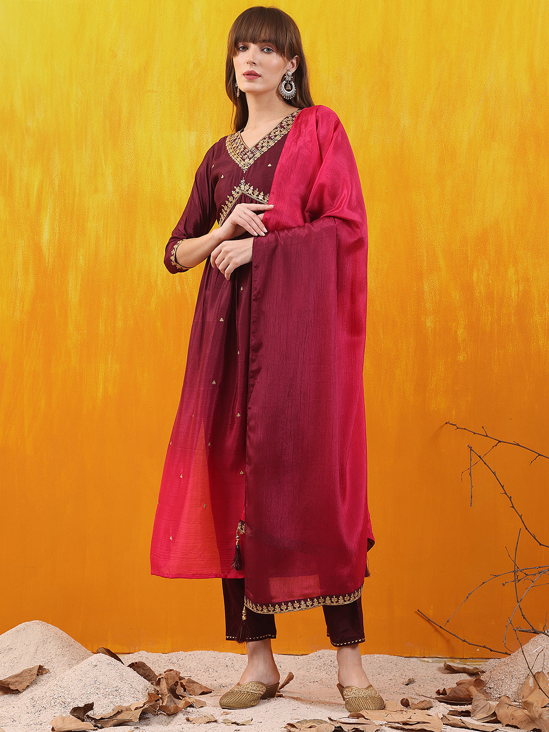 Alia Cut Embroidered Silk Blend Kurta with pant & Dupatta