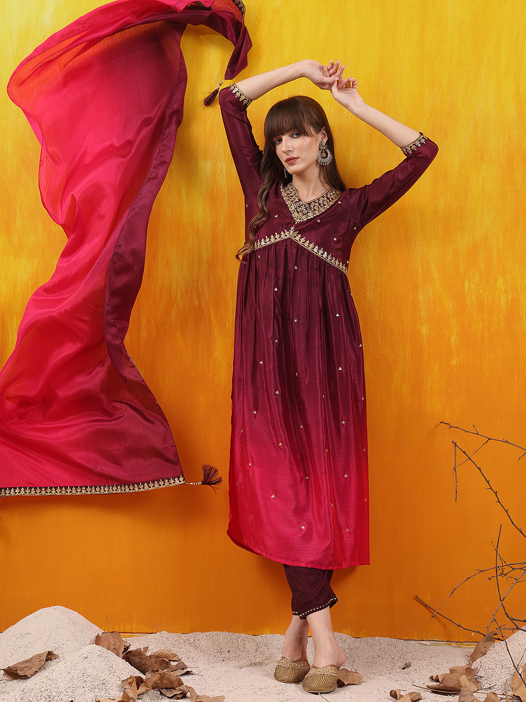 Alia Cut Embroidered Silk Blend Kurta with pant & Dupatta