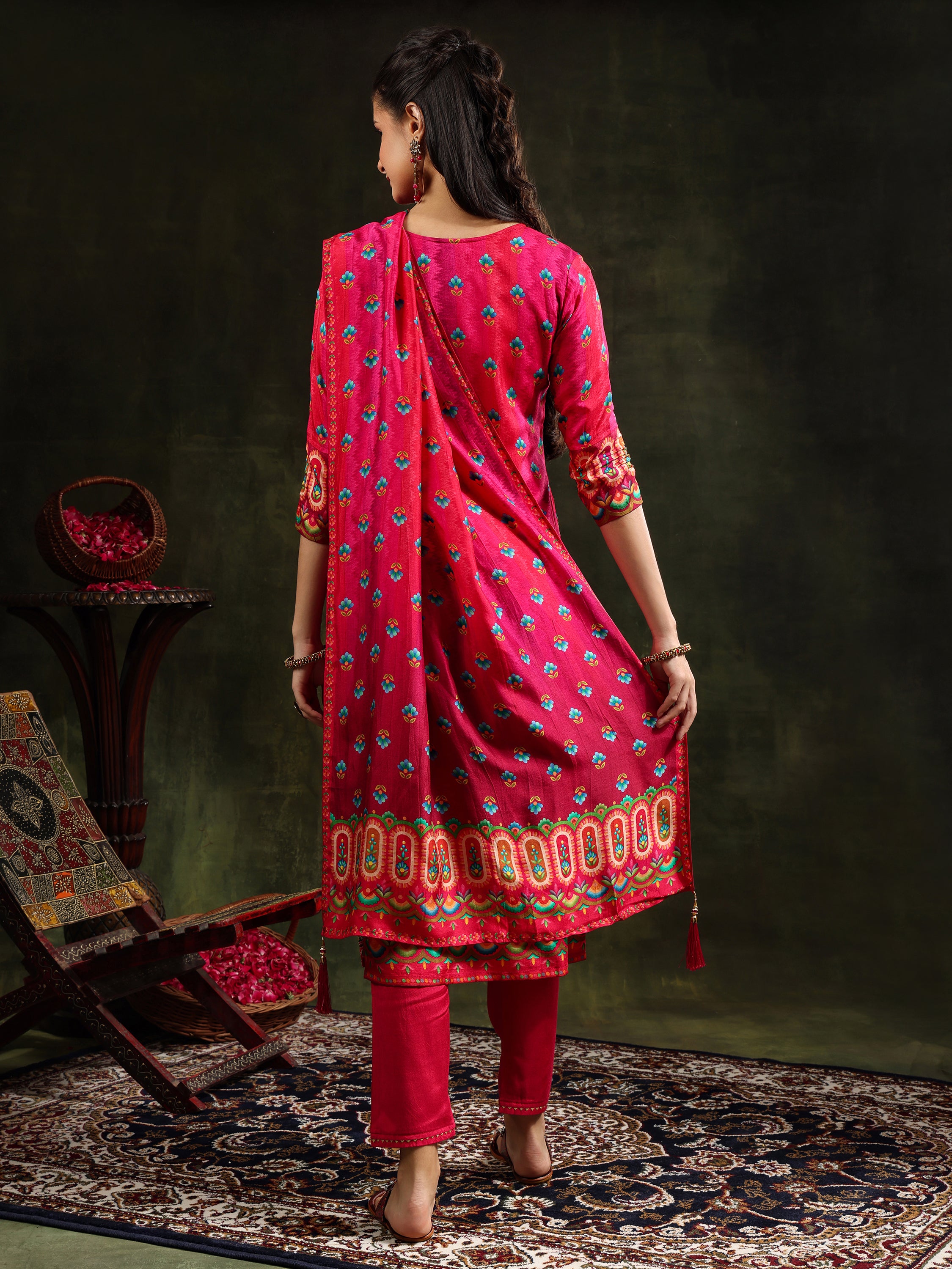 Embroidered & Printed Pure Silk Kurta with pant & Printed Dupatta