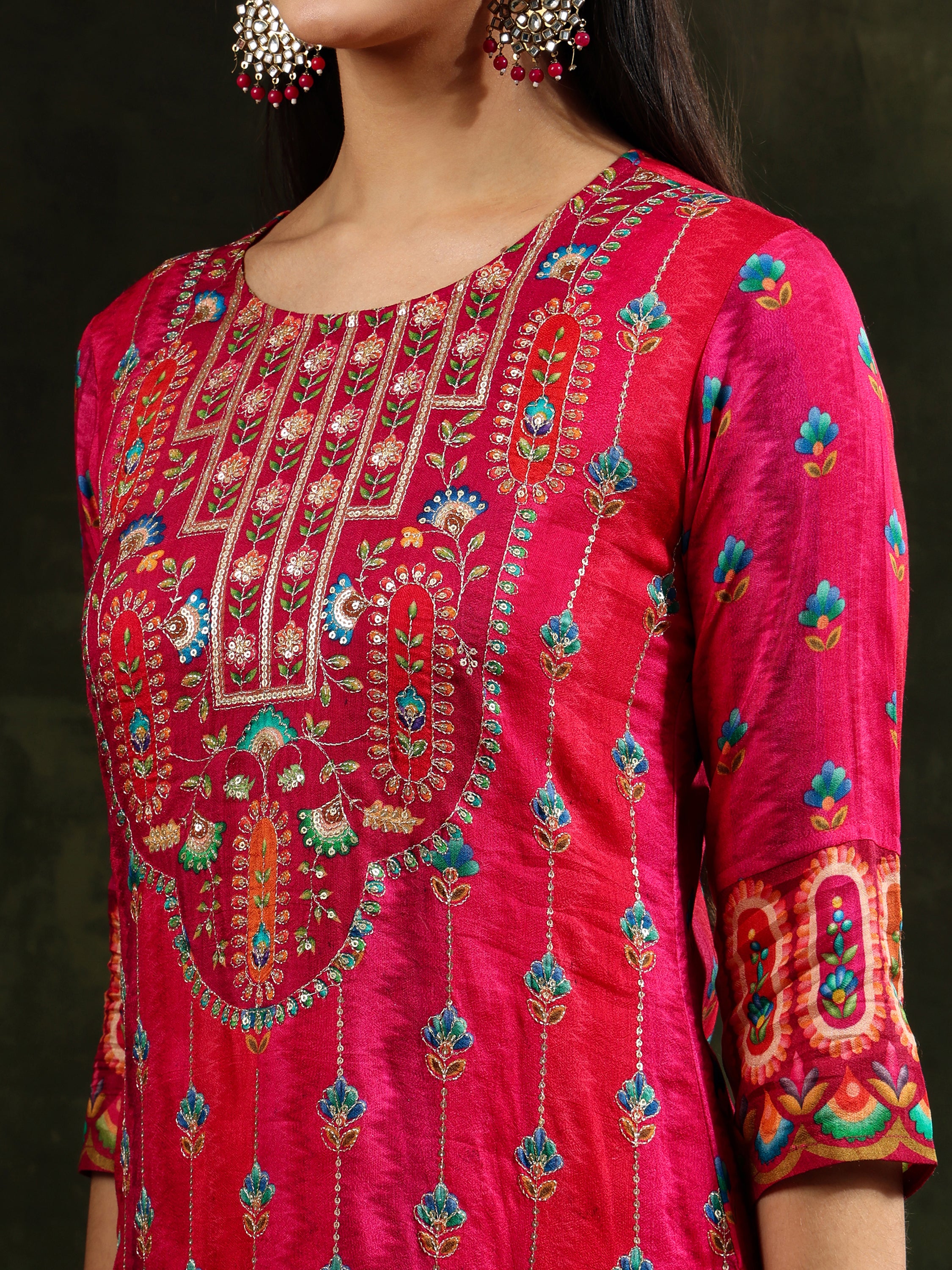 Embroidered & Printed Pure Silk Kurta with pant & Printed Dupatta