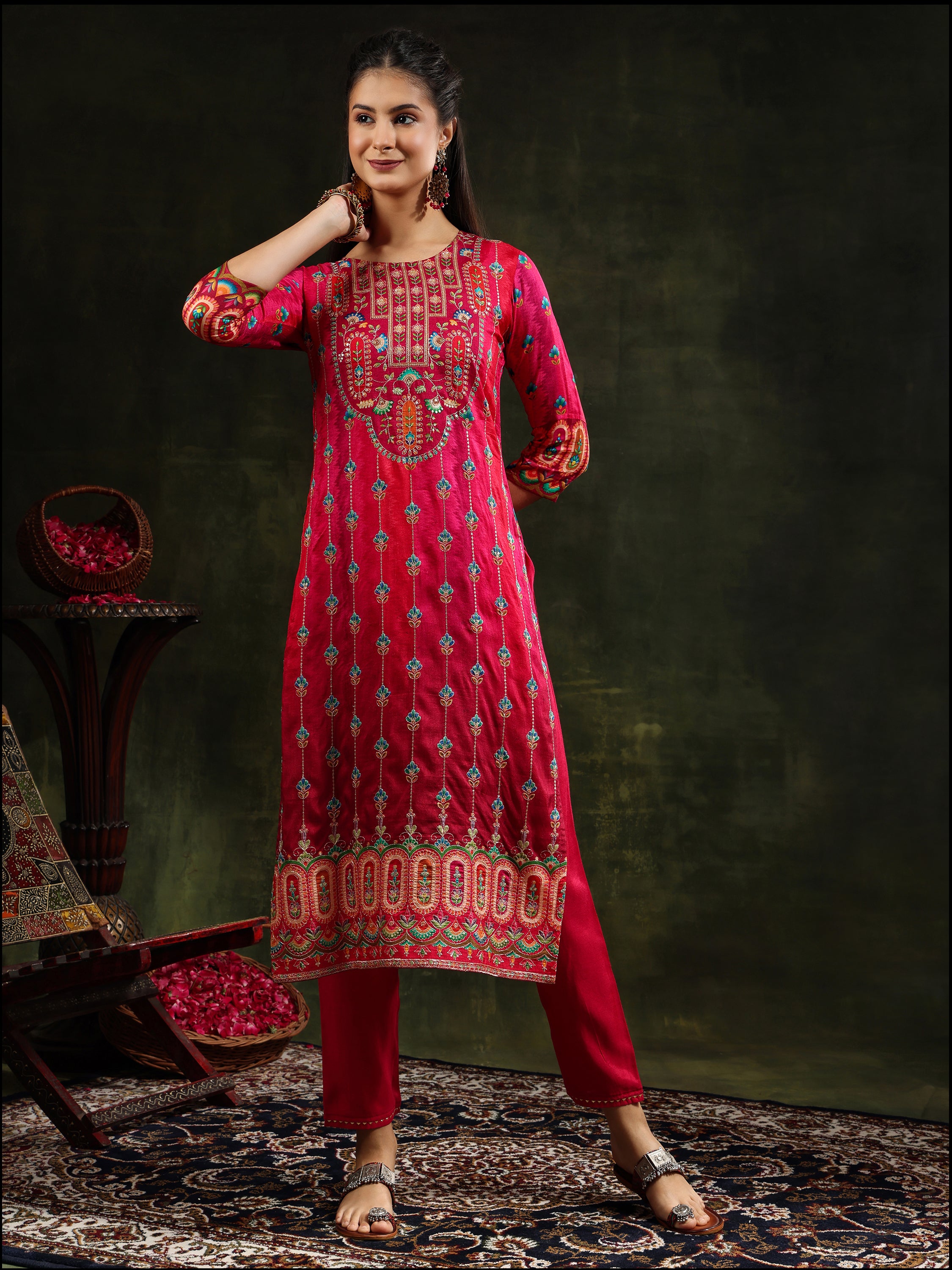 Embroidered & Printed Pure Silk Kurta with pant & Printed Dupatta