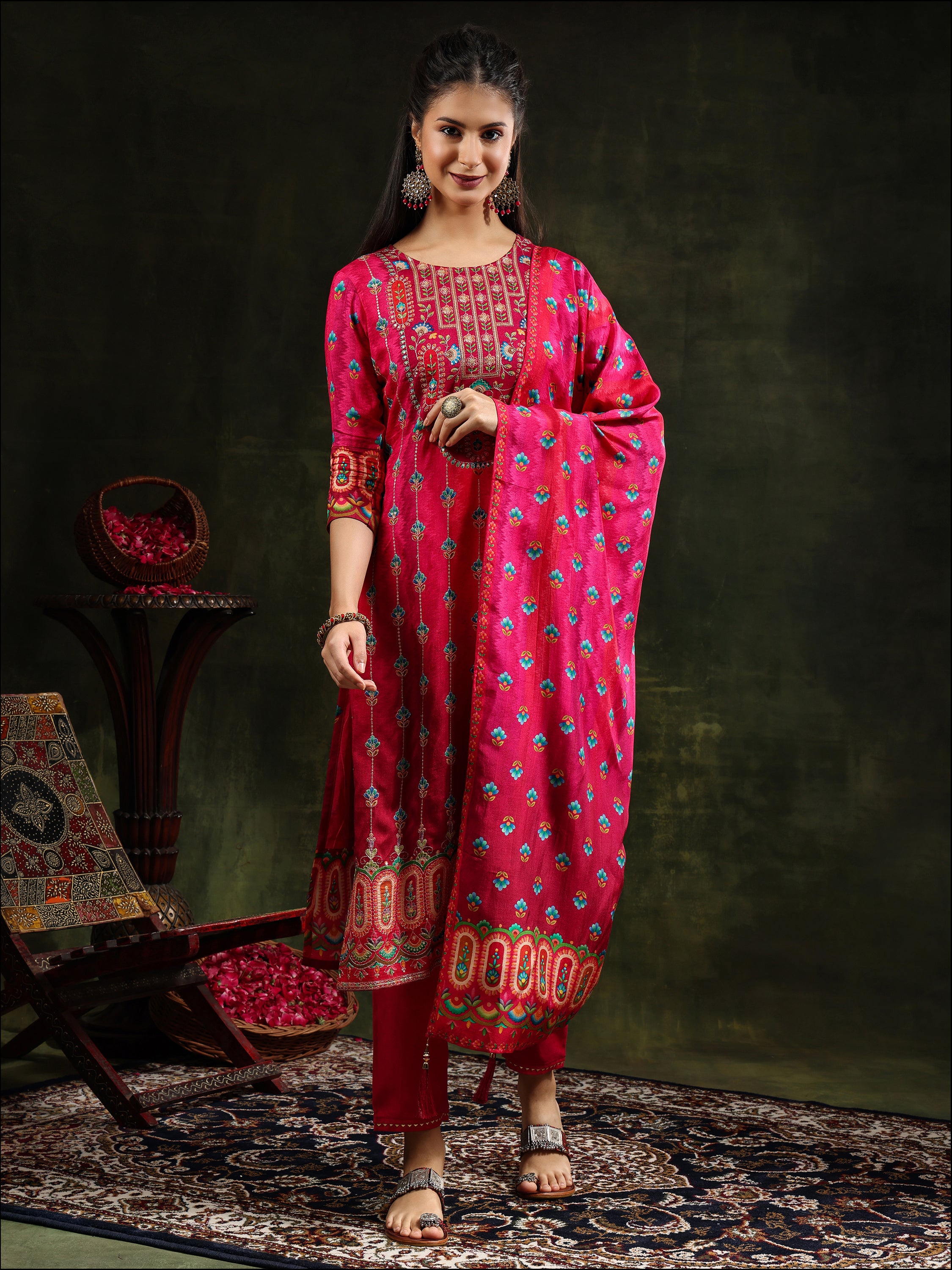 Embroidered & Printed Pure Silk Kurta with pant & Printed Dupatta