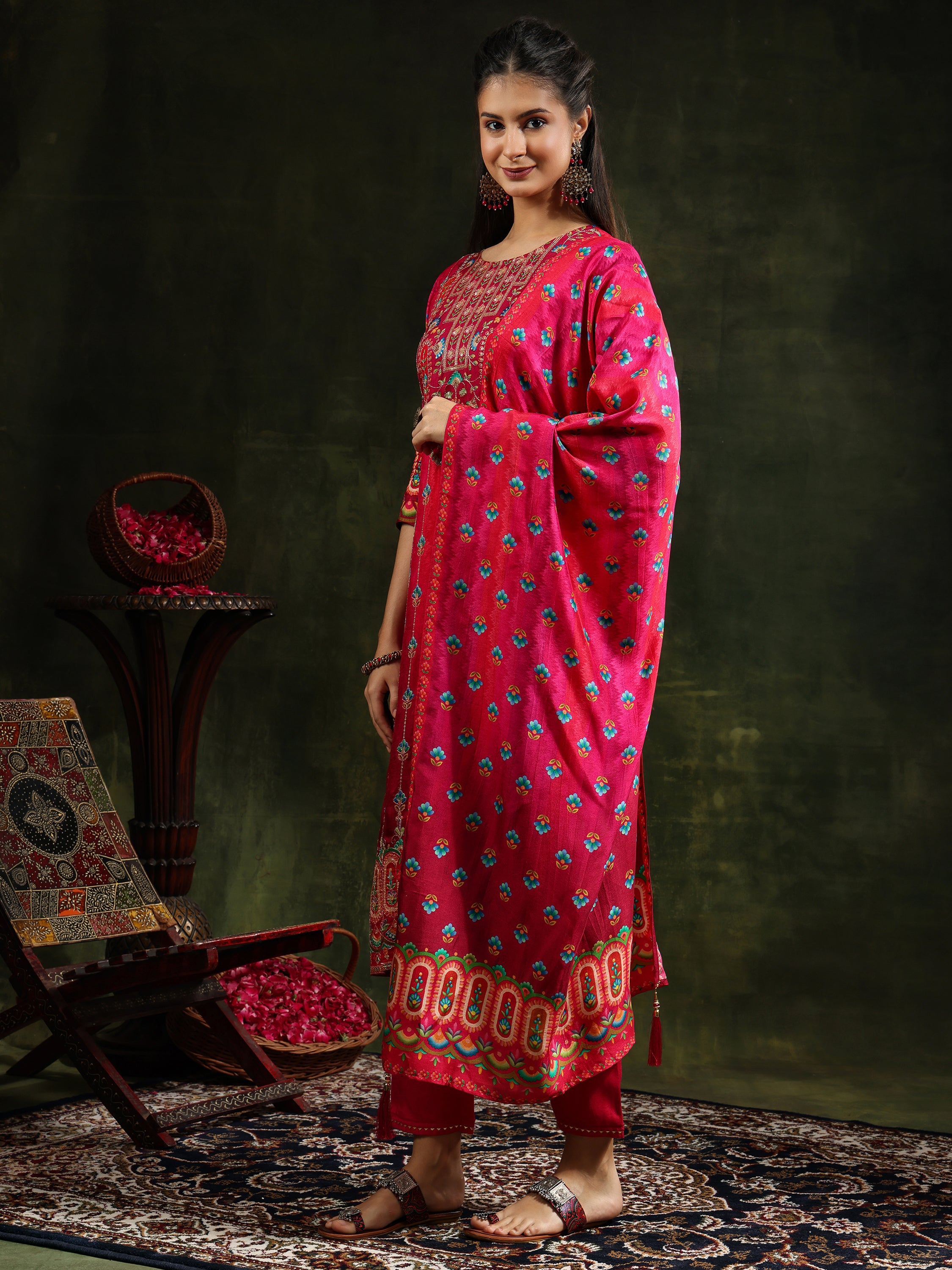 Embroidered & Printed Pure Silk Kurta with pant & Printed Dupatta