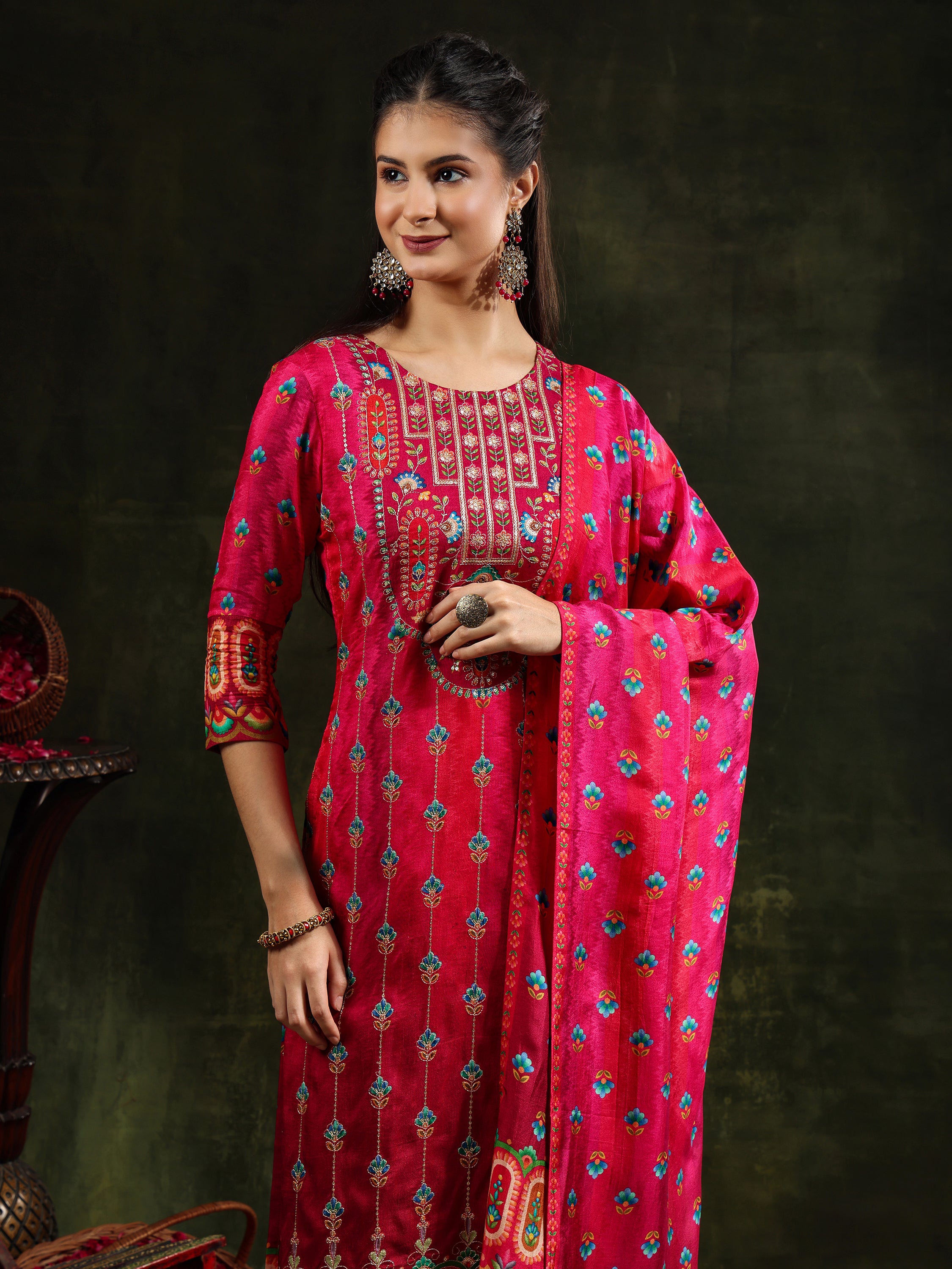 Embroidered & Printed Pure Silk Kurta with pant & Printed Dupatta