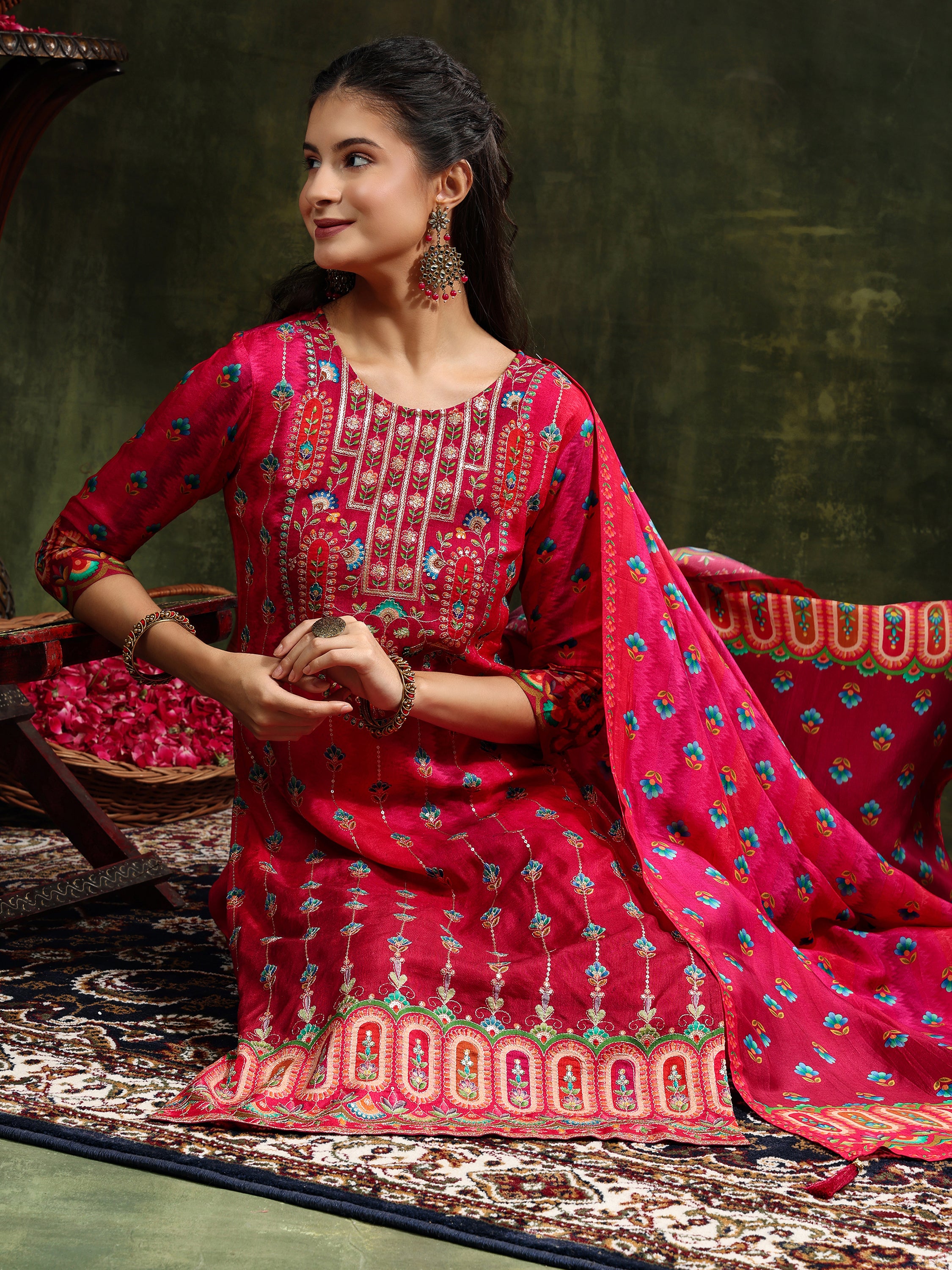 Embroidered & Printed Pure Silk Kurta with pant & Printed Dupatta