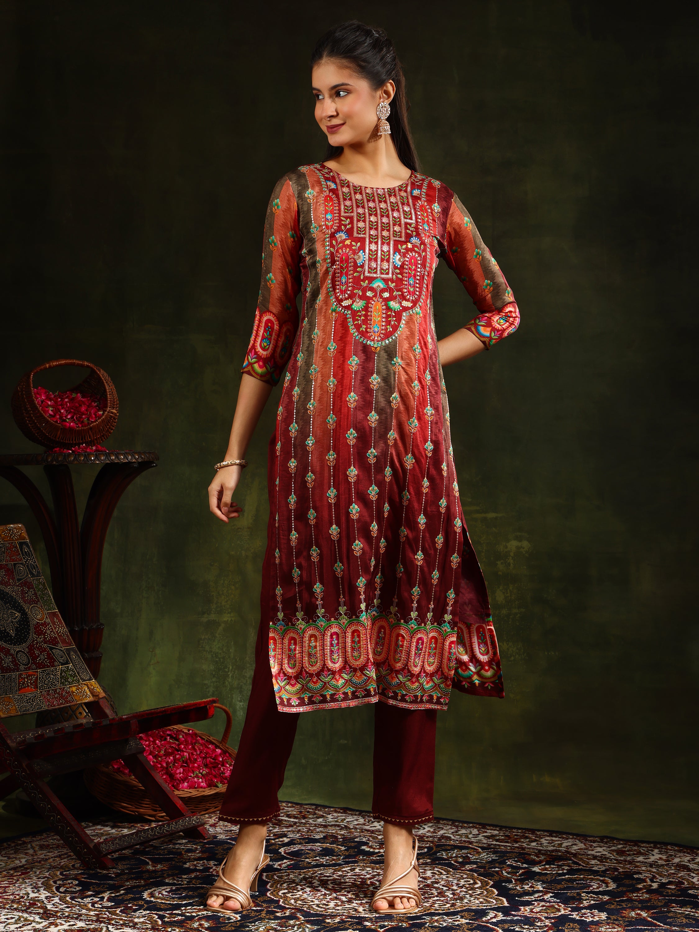 Embroidered & Printed Pure Silk Kurta with pant & Printed Dupatta