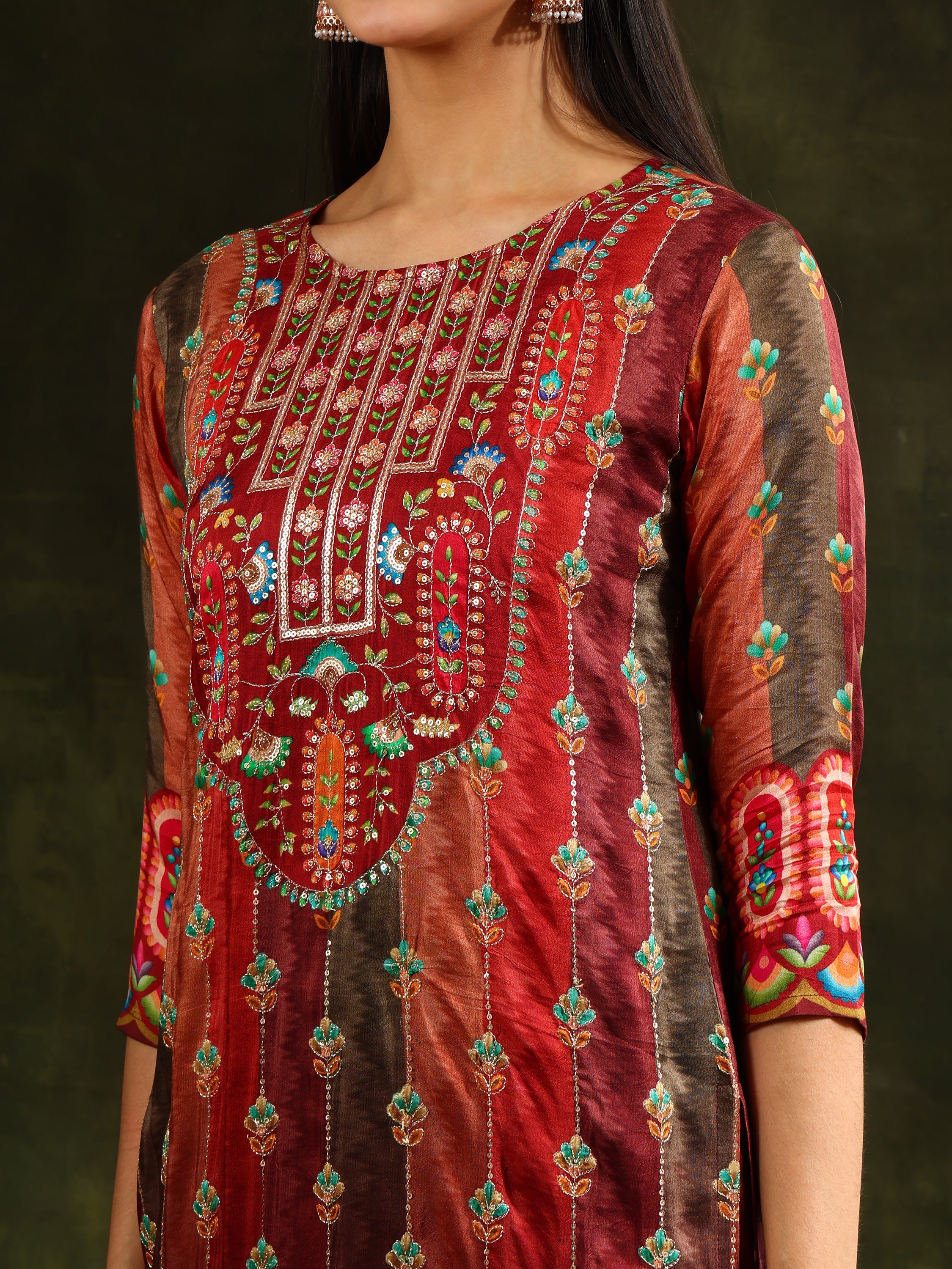 Embroidered & Printed Pure Silk Kurta with pant & Printed Dupatta