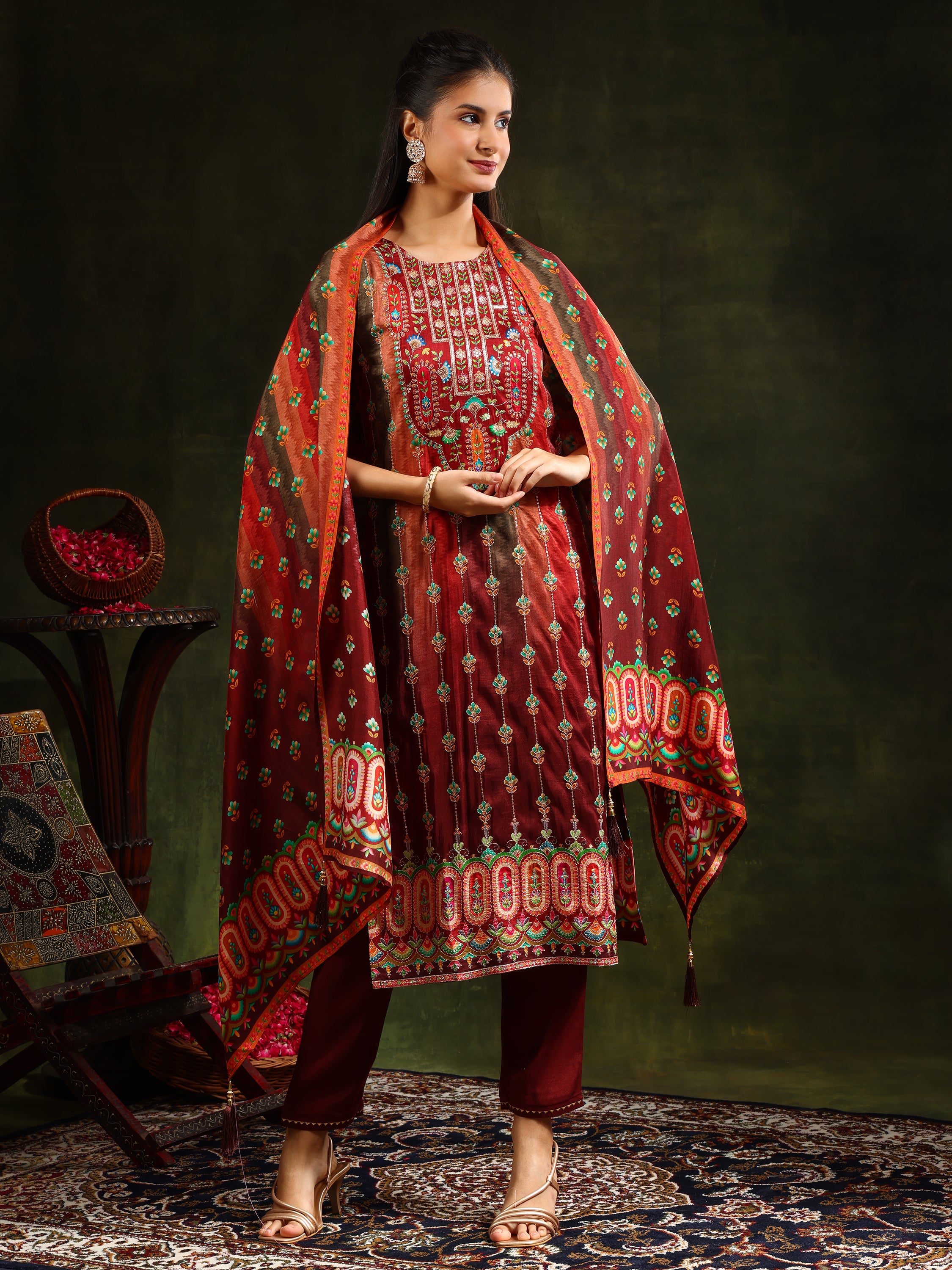 Embroidered & Printed Pure Silk Kurta with pant & Printed Dupatta