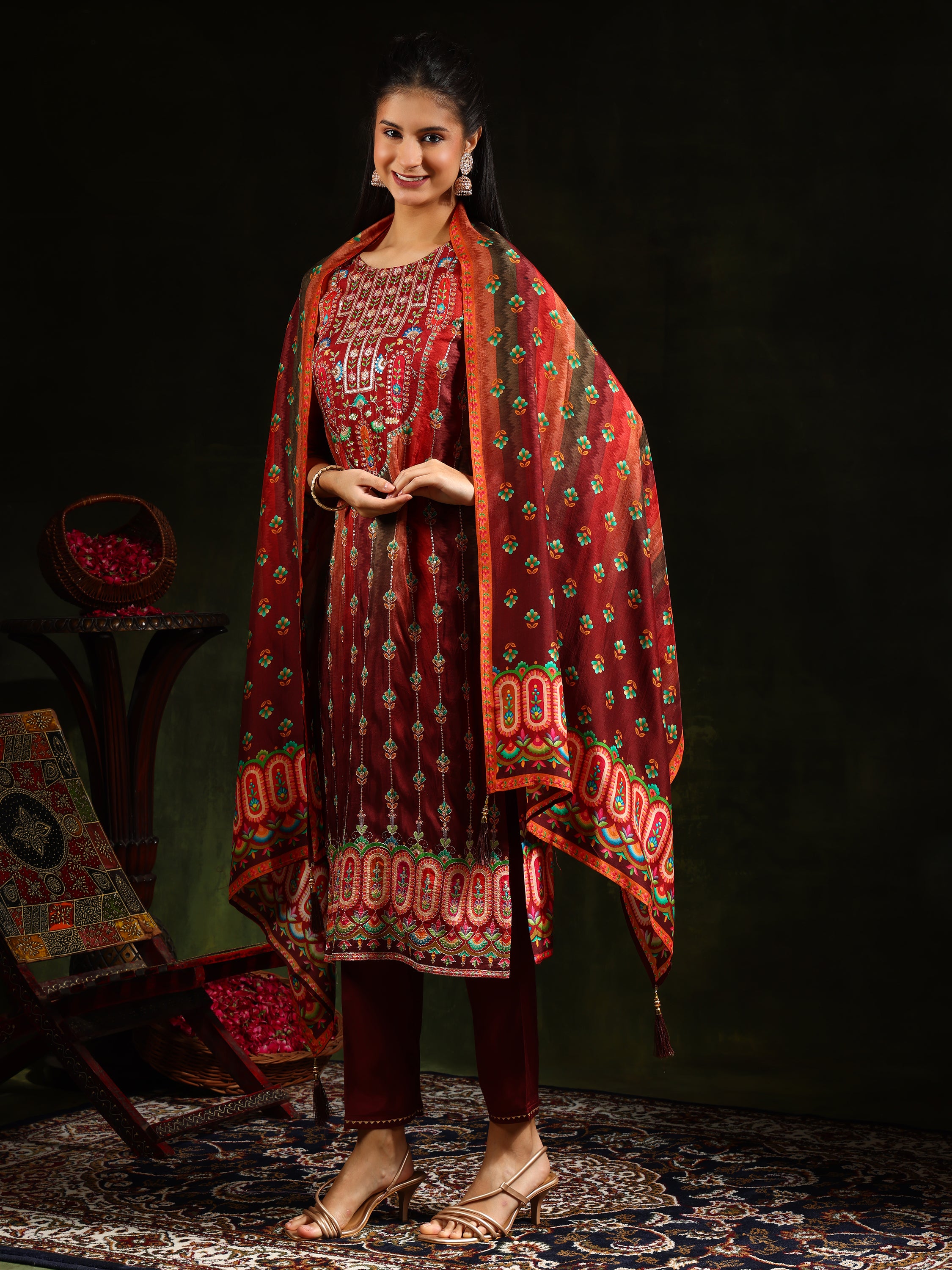 Embroidered & Printed Pure Silk Kurta with pant & Printed Dupatta