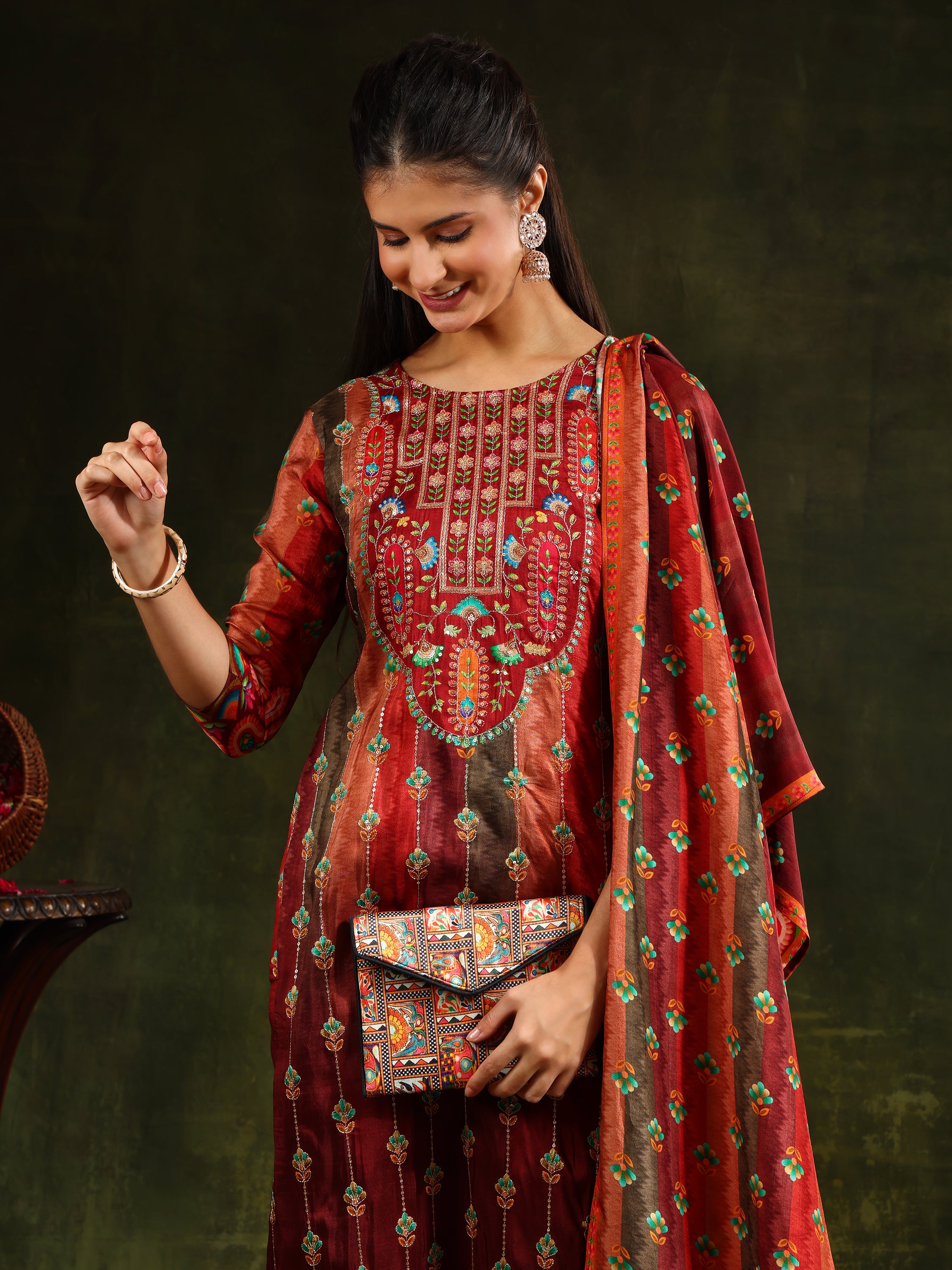 Embroidered & Printed Pure Silk Kurta with pant & Printed Dupatta