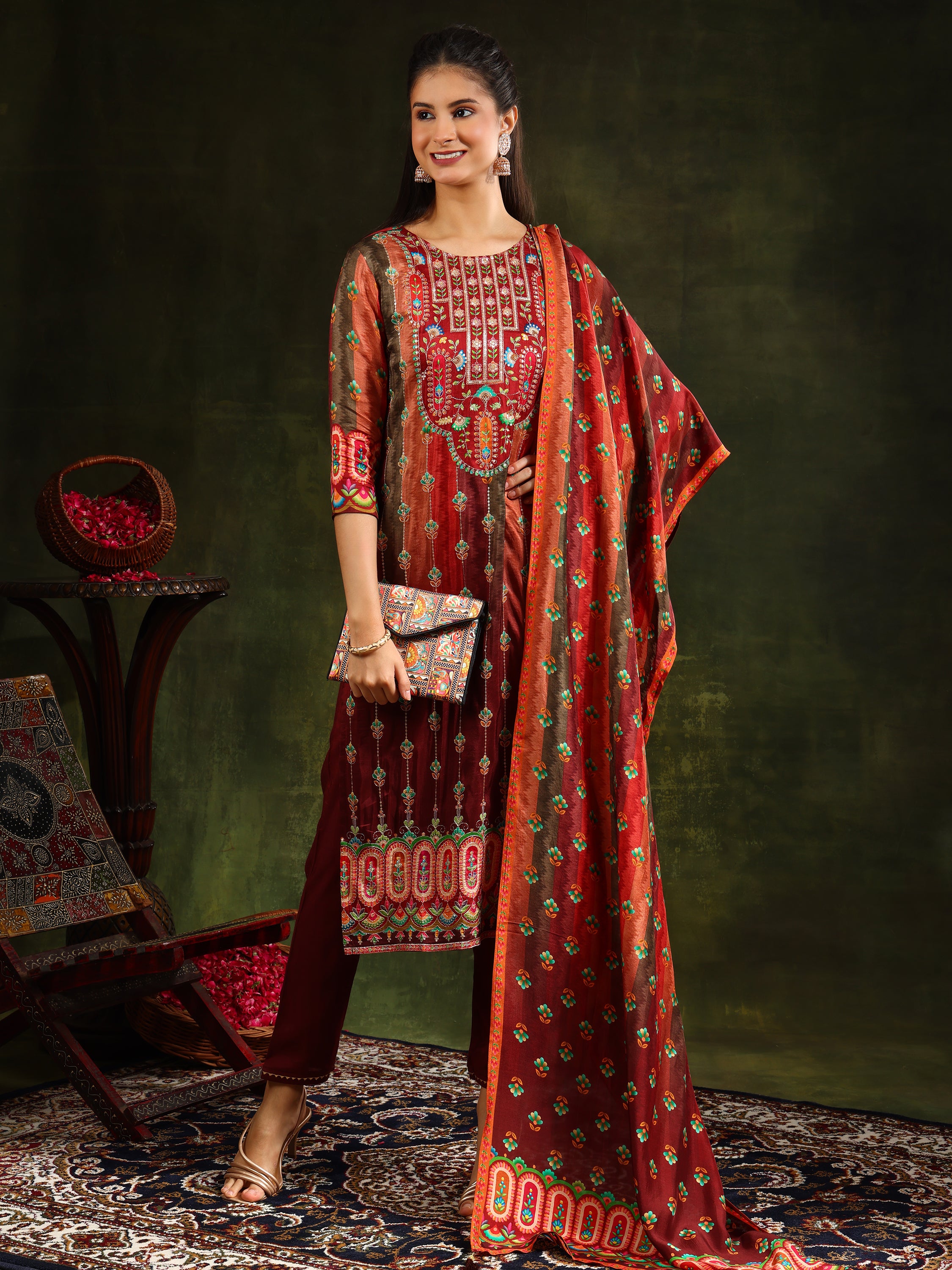 Embroidered & Printed Pure Silk Kurta with pant & Printed Dupatta