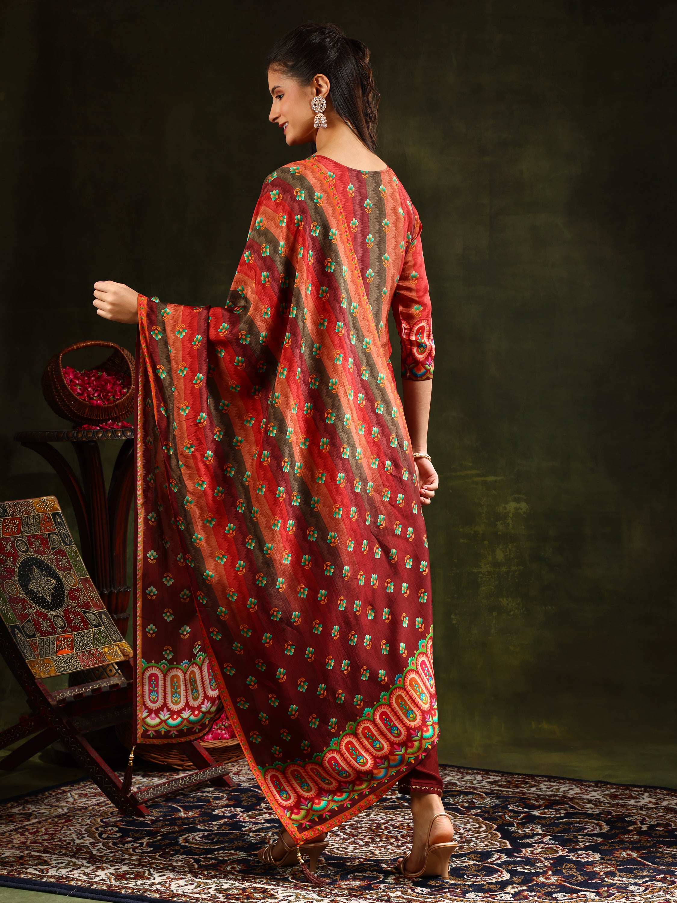 Embroidered & Printed Pure Silk Kurta with pant & Printed Dupatta