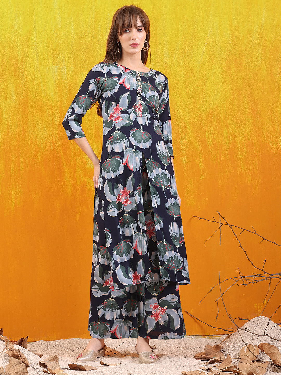 Floral Printed Front Slit Kurta with Palazzo pant