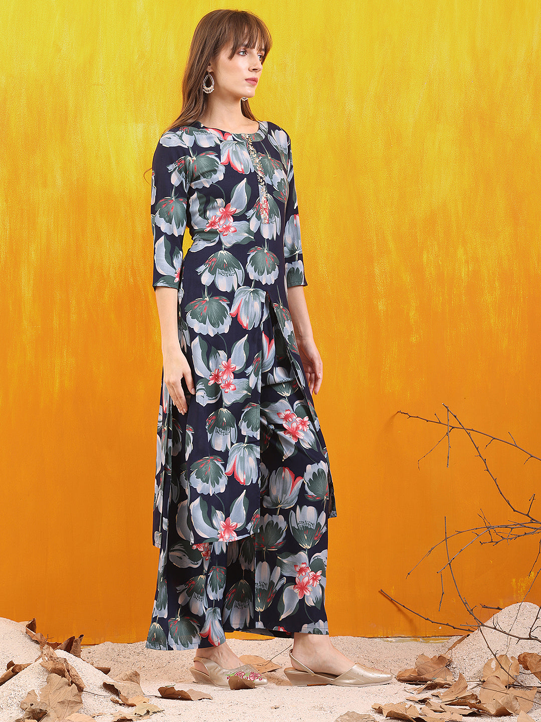 Floral Printed Front Slit Kurta with Palazzo pant