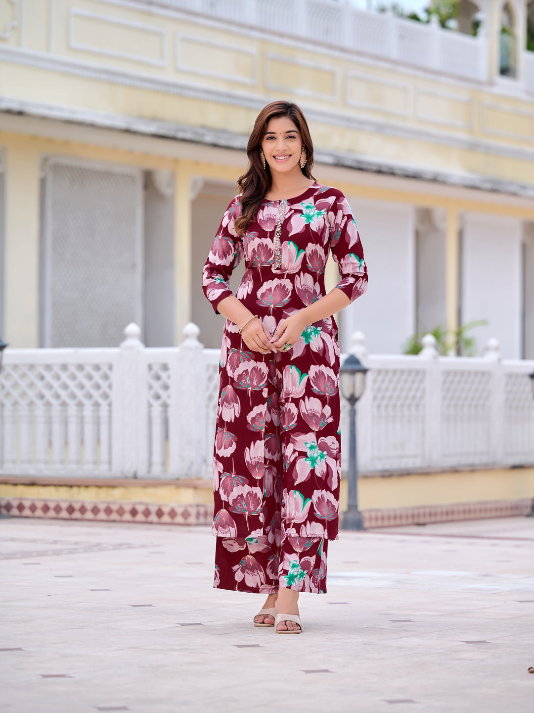 Floral Printed Front Slit Kurta with Palazzo pant