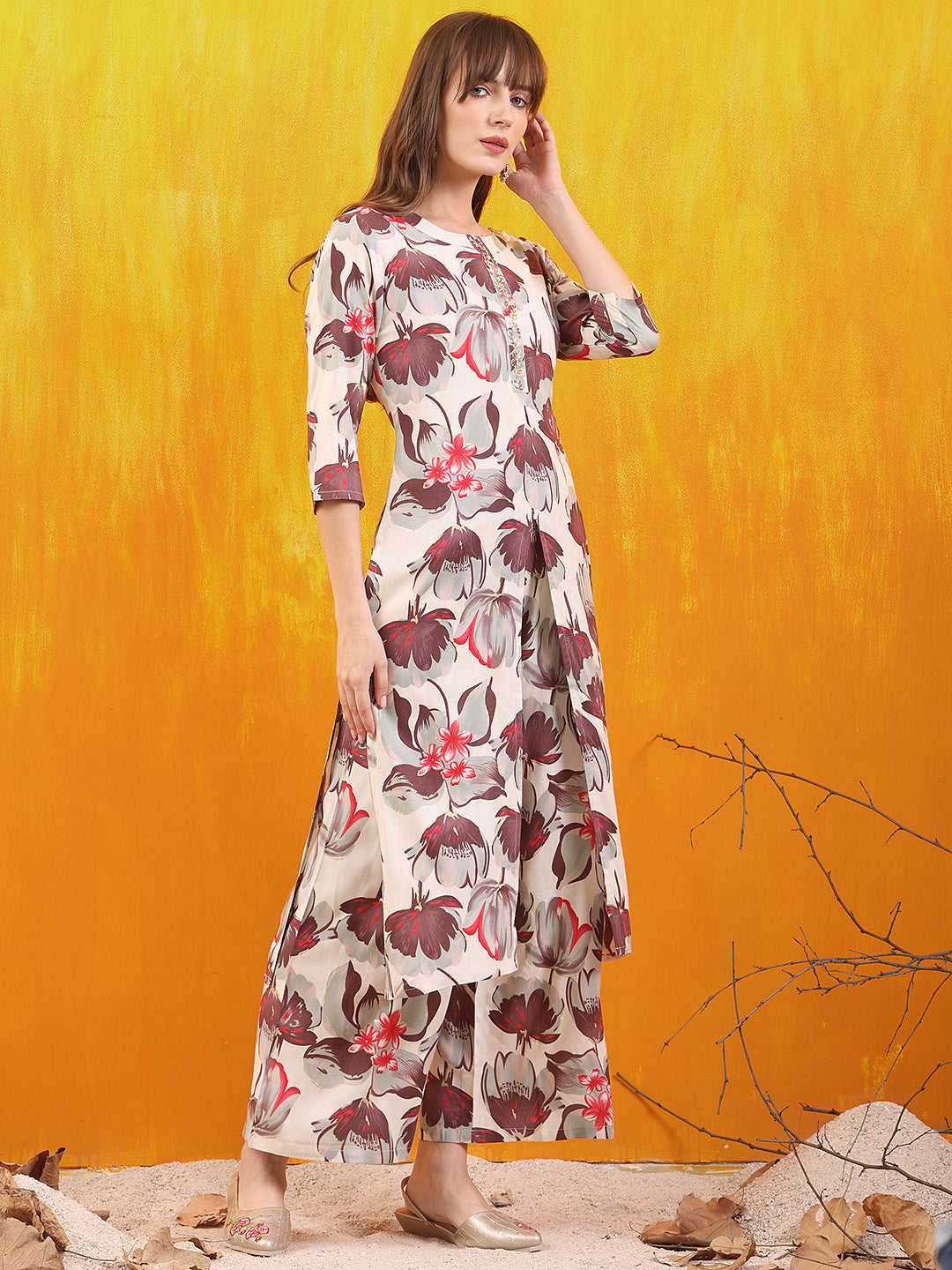 Floral Printed Front Slit Kurta with Palazzo pant