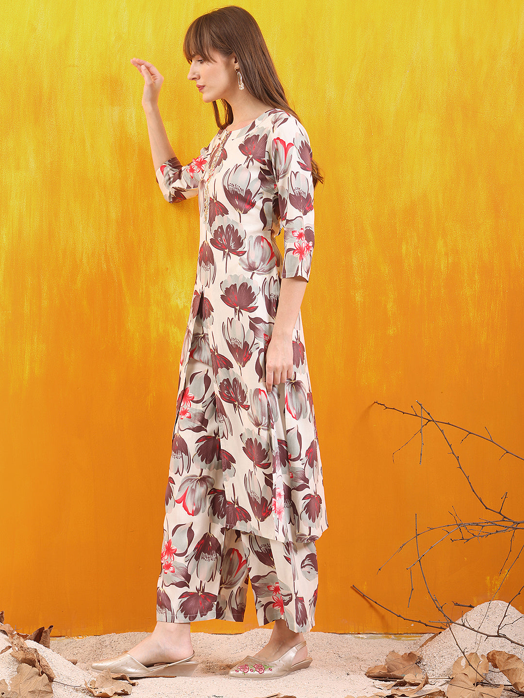 Floral Printed Front Slit Kurta with Palazzo pant